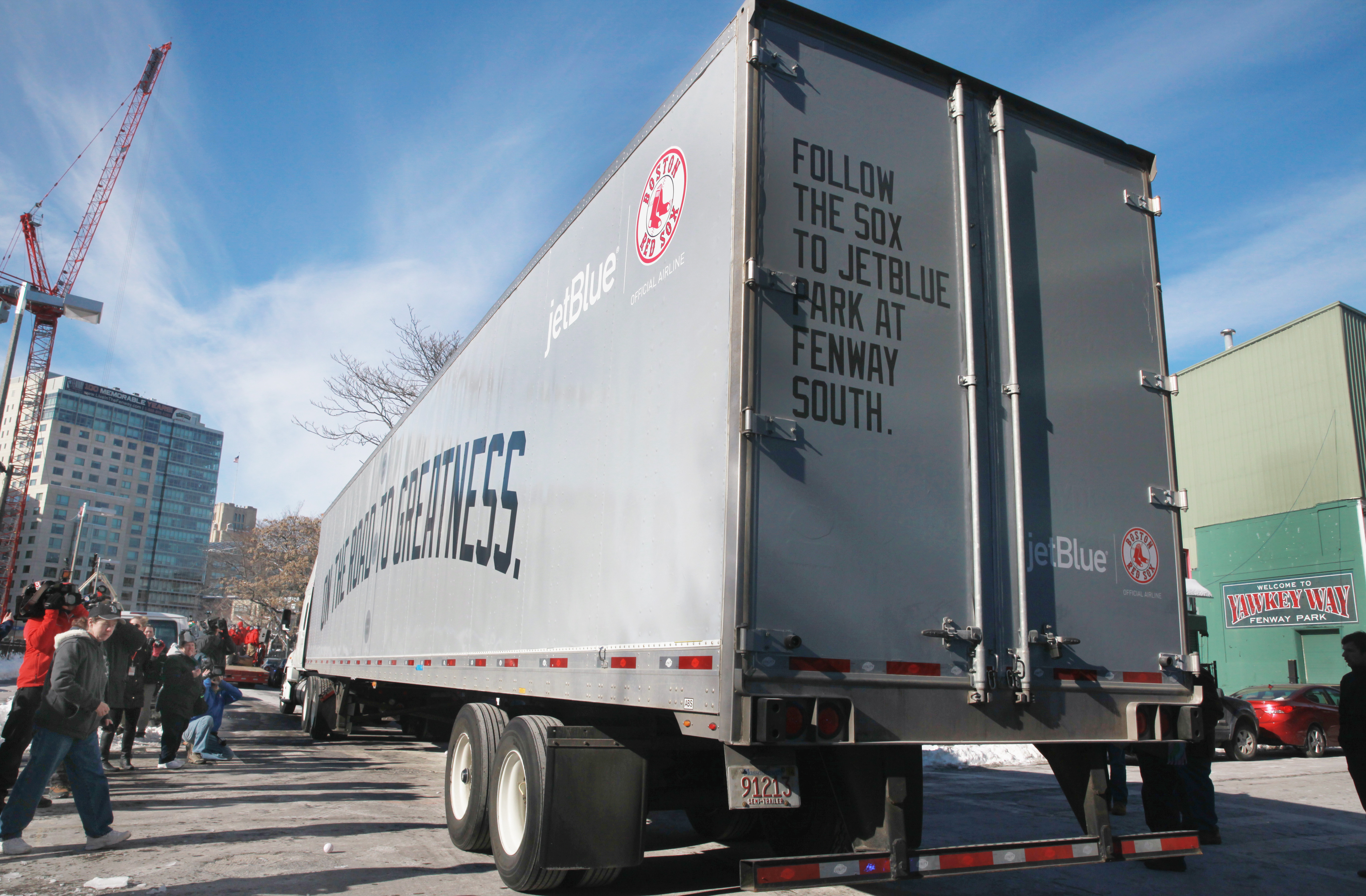 A sure sign that spring isn’t far off, the truck carrying Red Sox equipment departs for Fort Myers, Fla.