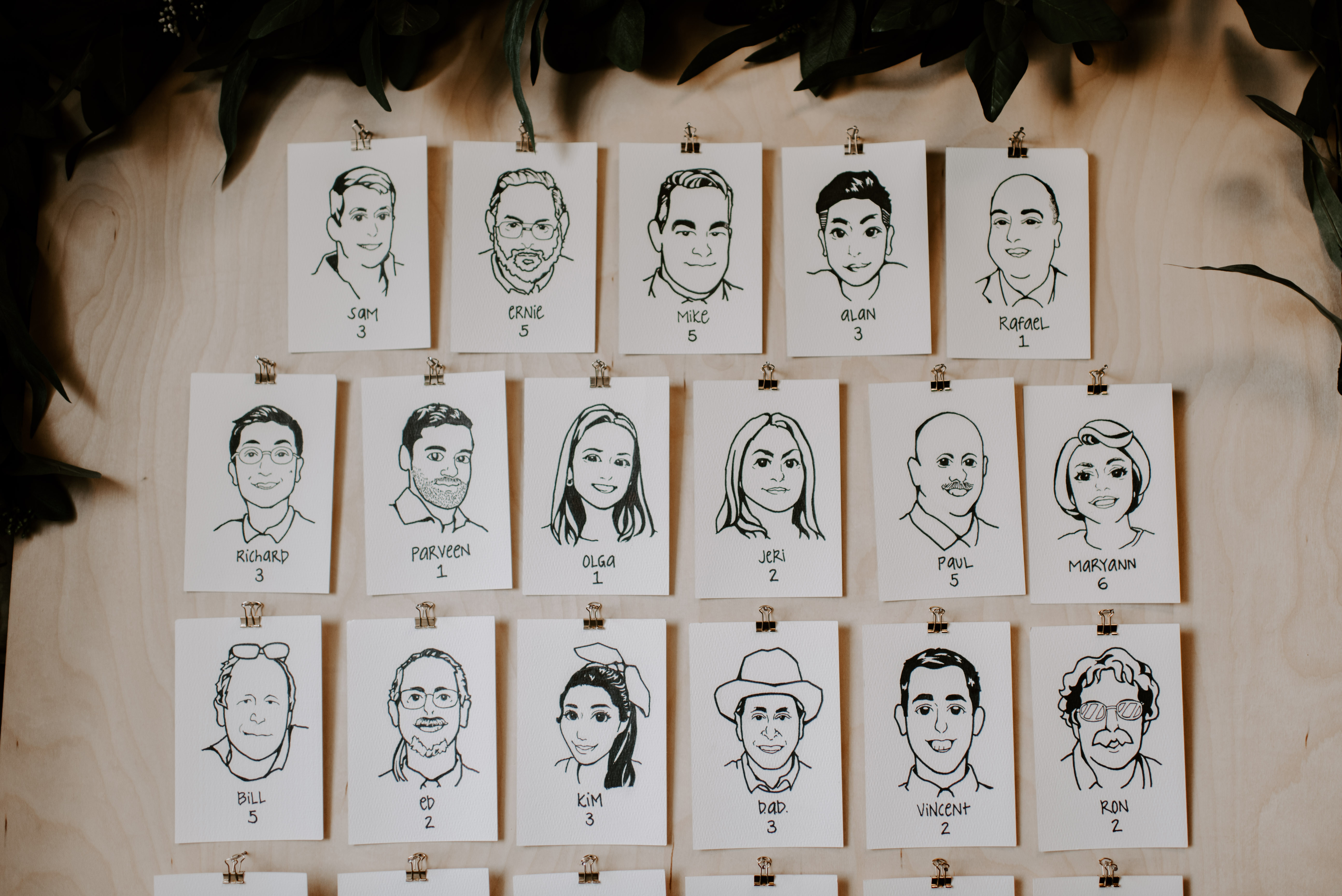 Jacky Wilson and Will Chiang commissioned portraits of their guests for the seating chart at their wedding last June.