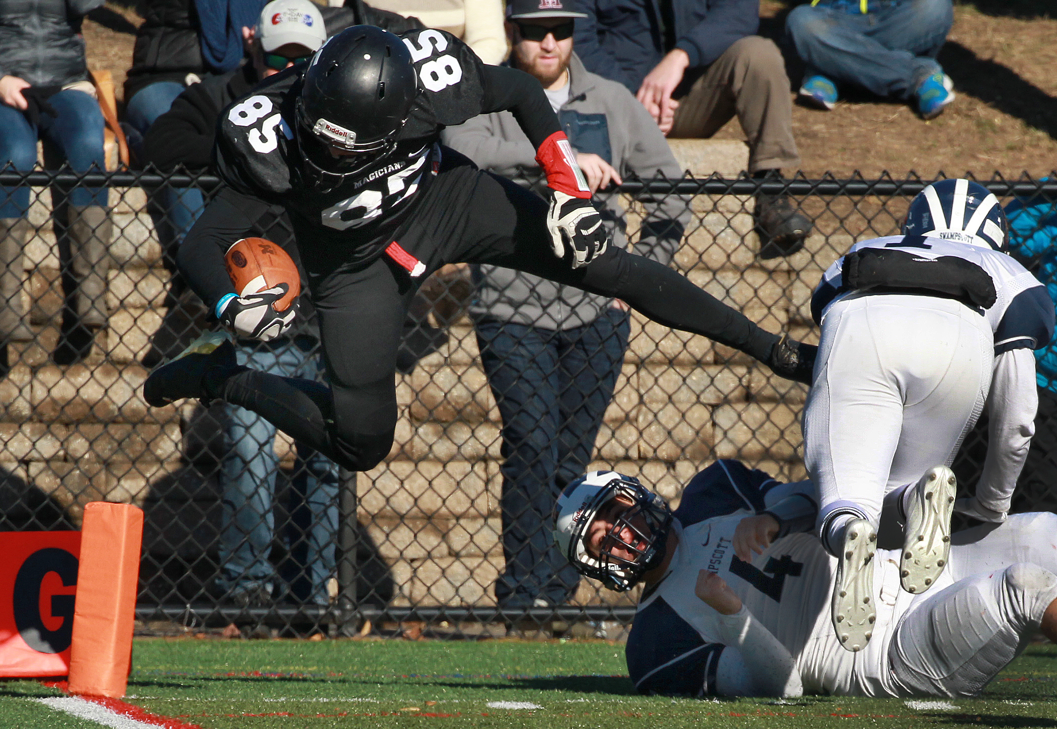 Marblehead's Derek Marino was just shy of leaping into the end zone in the fourth quarter.