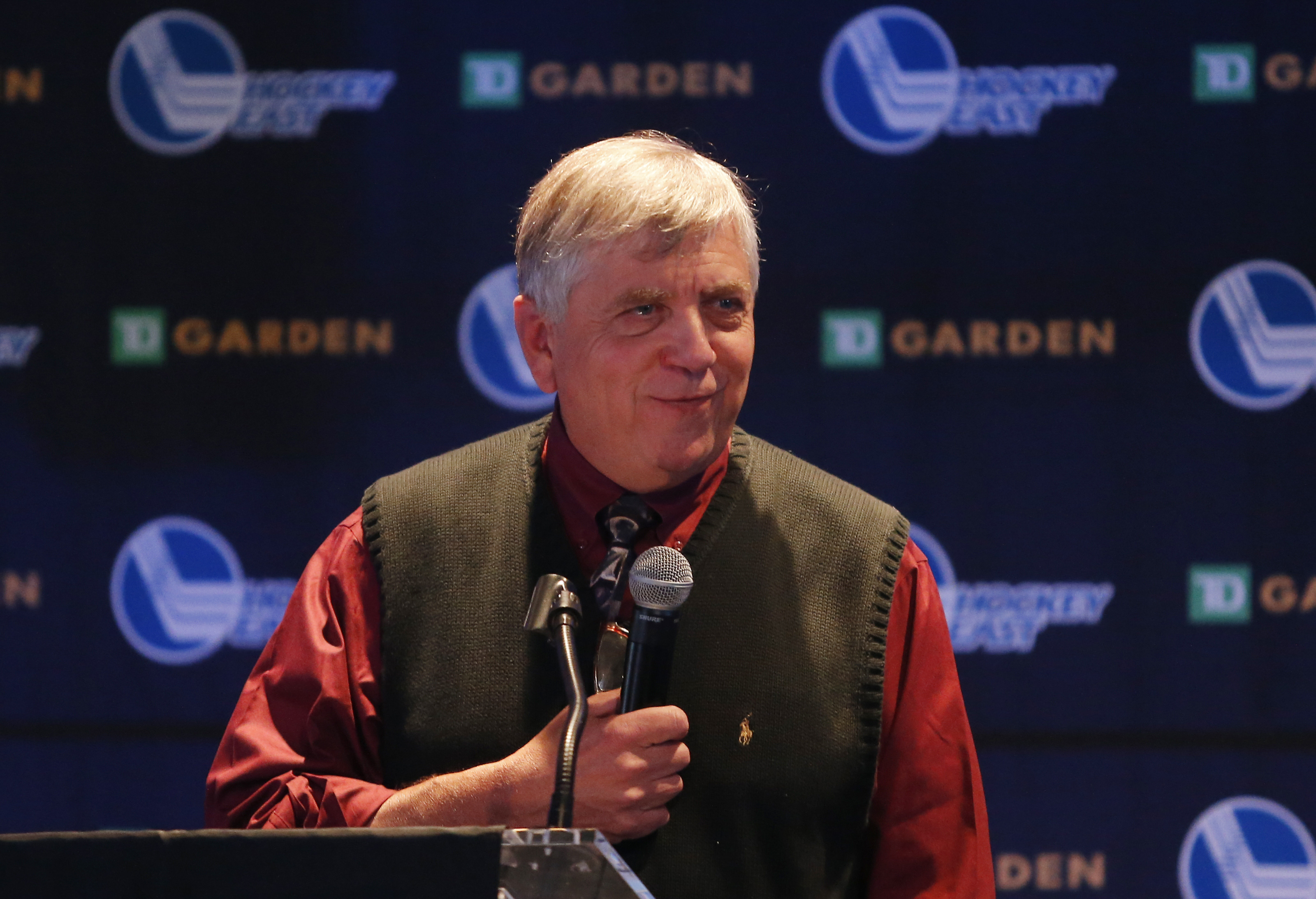 Hockey East commissioner Joe Bertagna spoke at Hockey East media day in September.