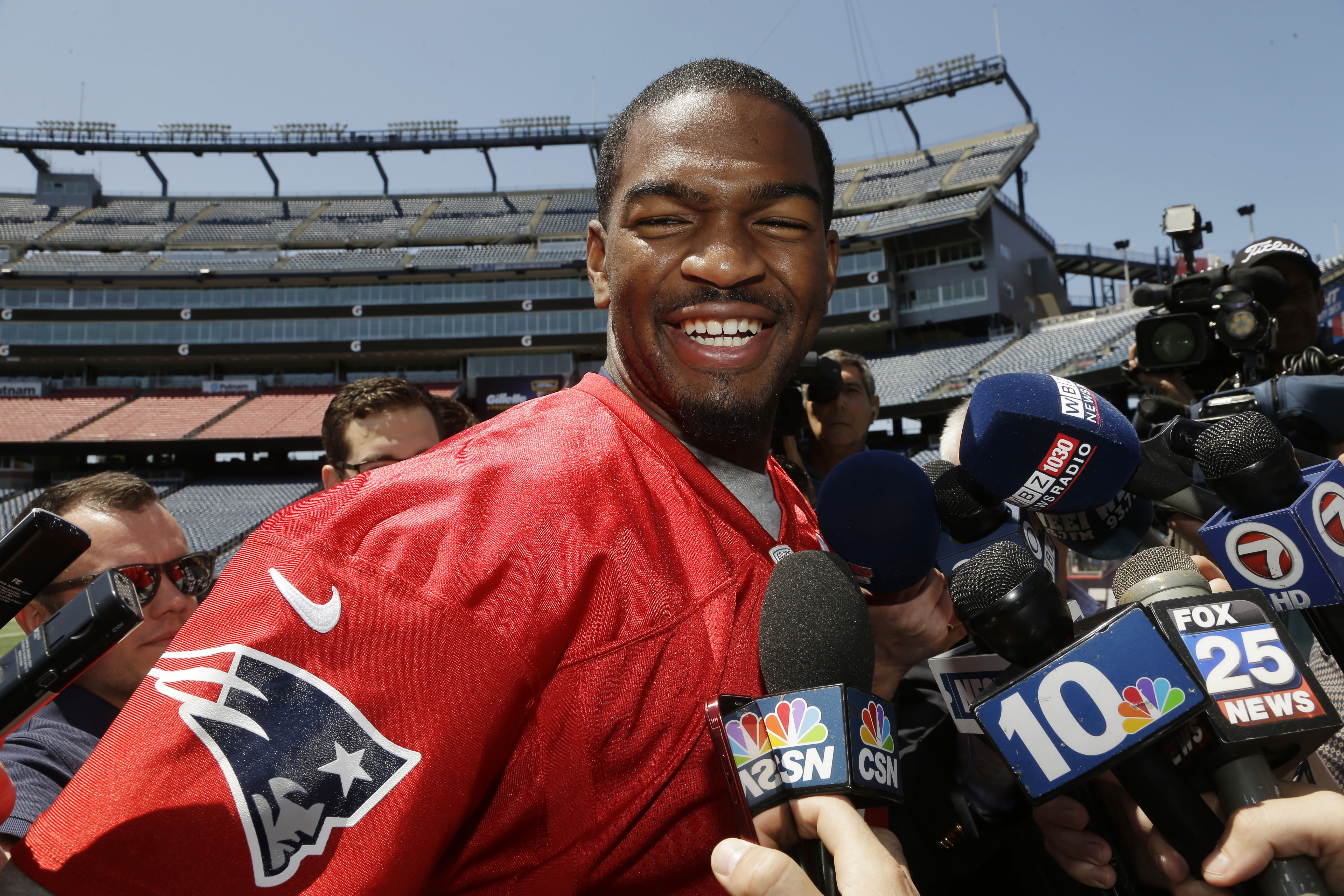 Jacoby Brissett spoke to the media earlier this month at Gillette Stadium.