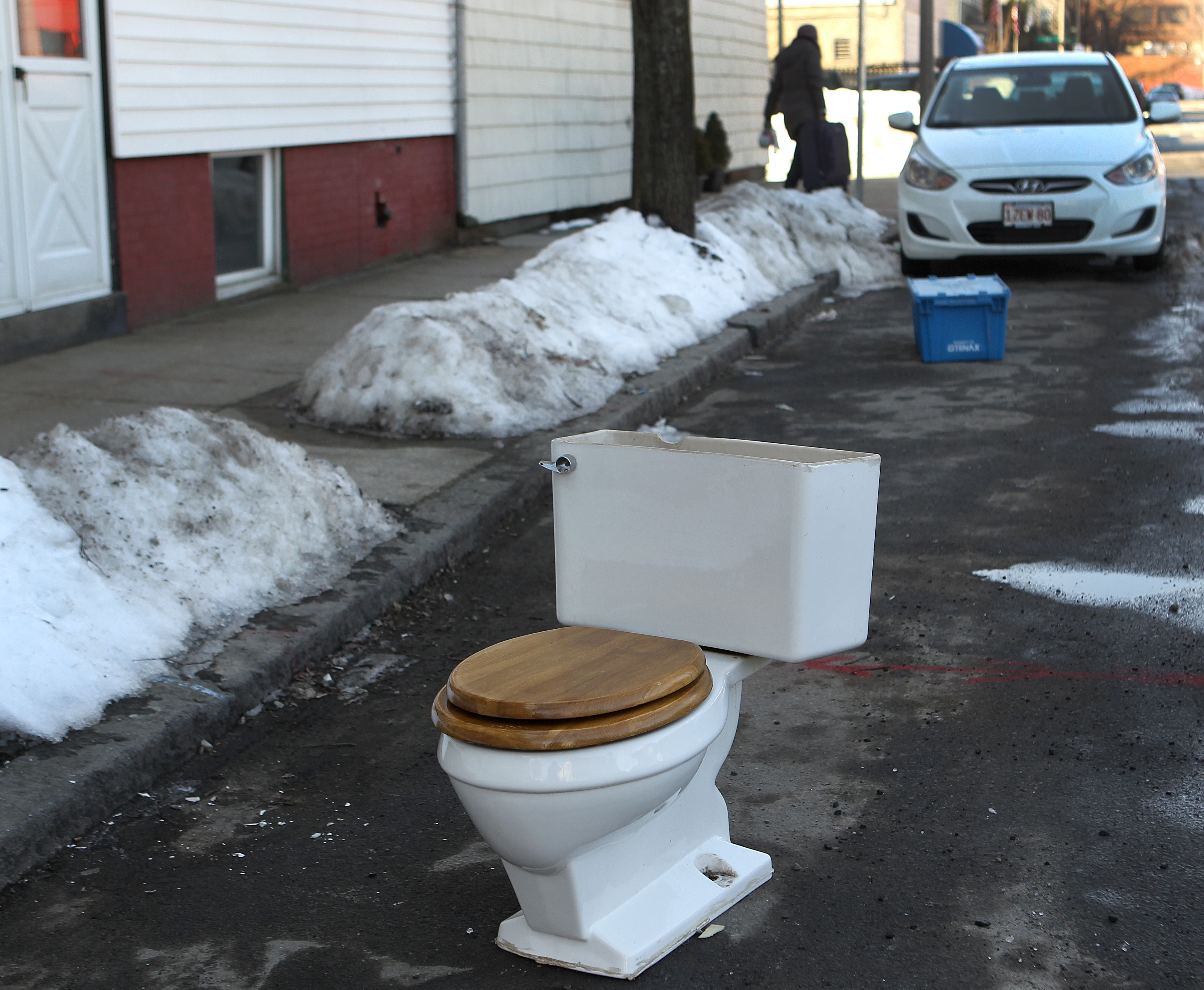 A toilet marked a continued claim on a parking space on East Fourth Street in South Boston.