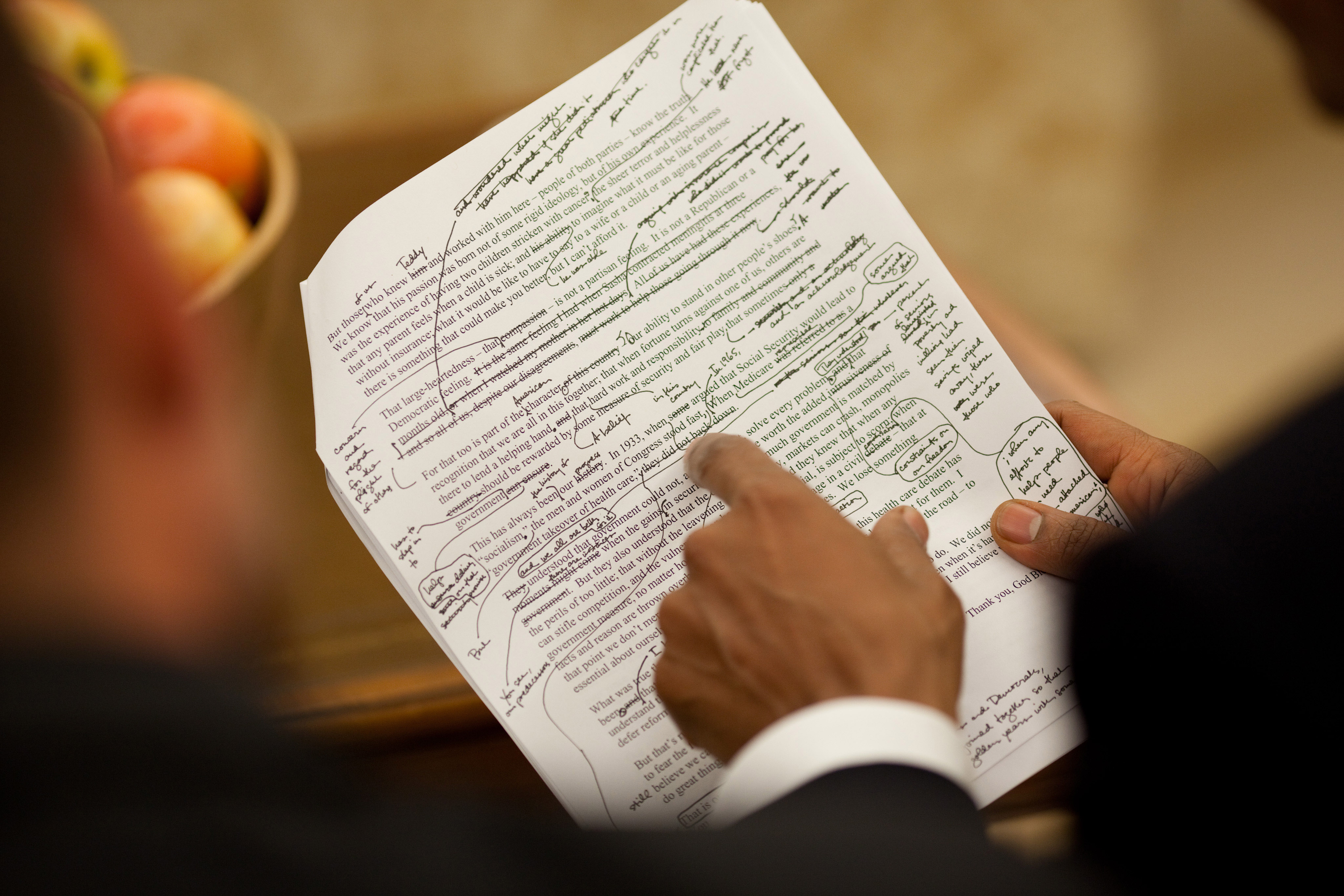 Among his memorabilia from the White House, a photo of Obama’s health care speech marked up by the president.