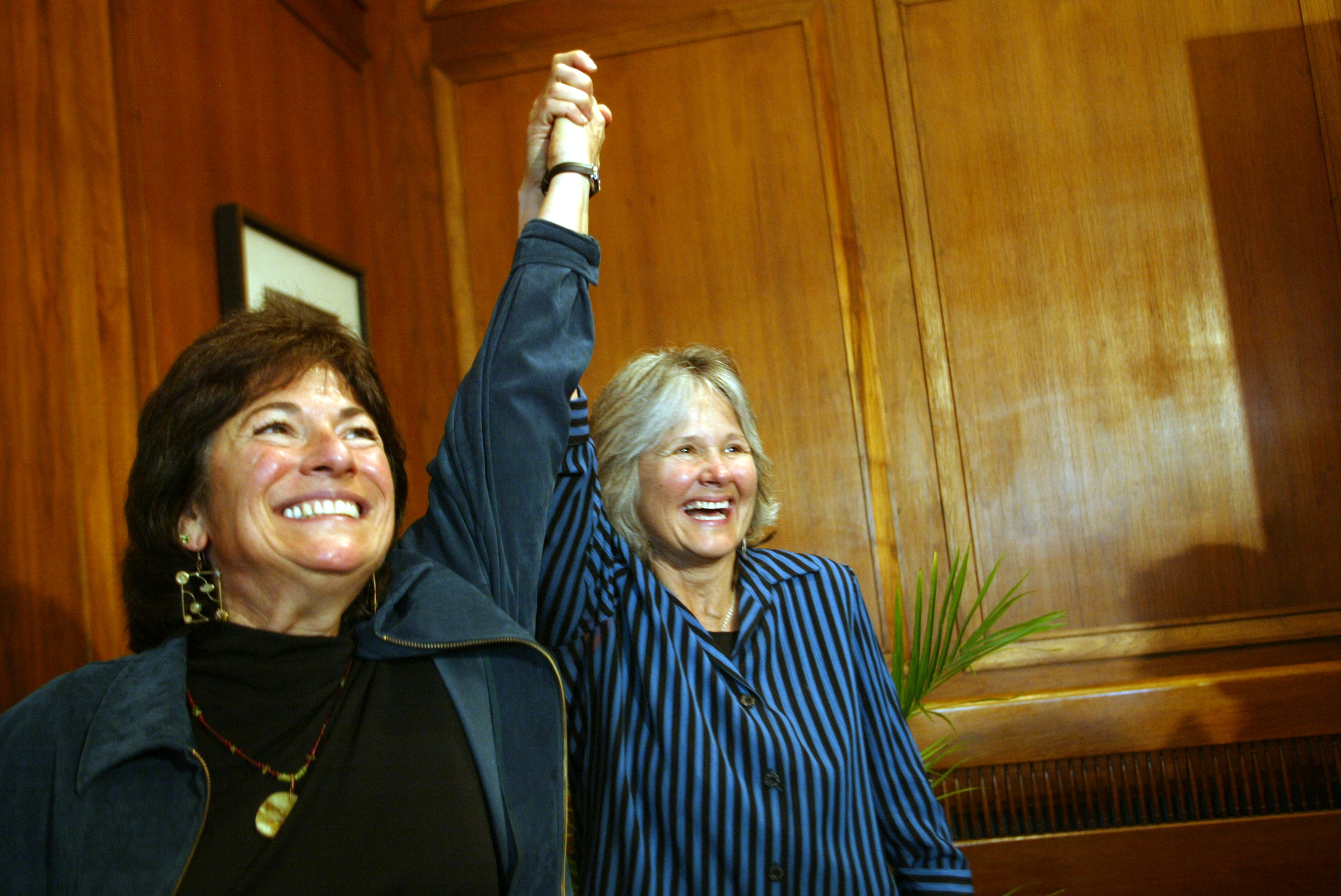 Marcia Kadish and Tanya McCloskey celebrated after they were married at Cambridge City Hall.