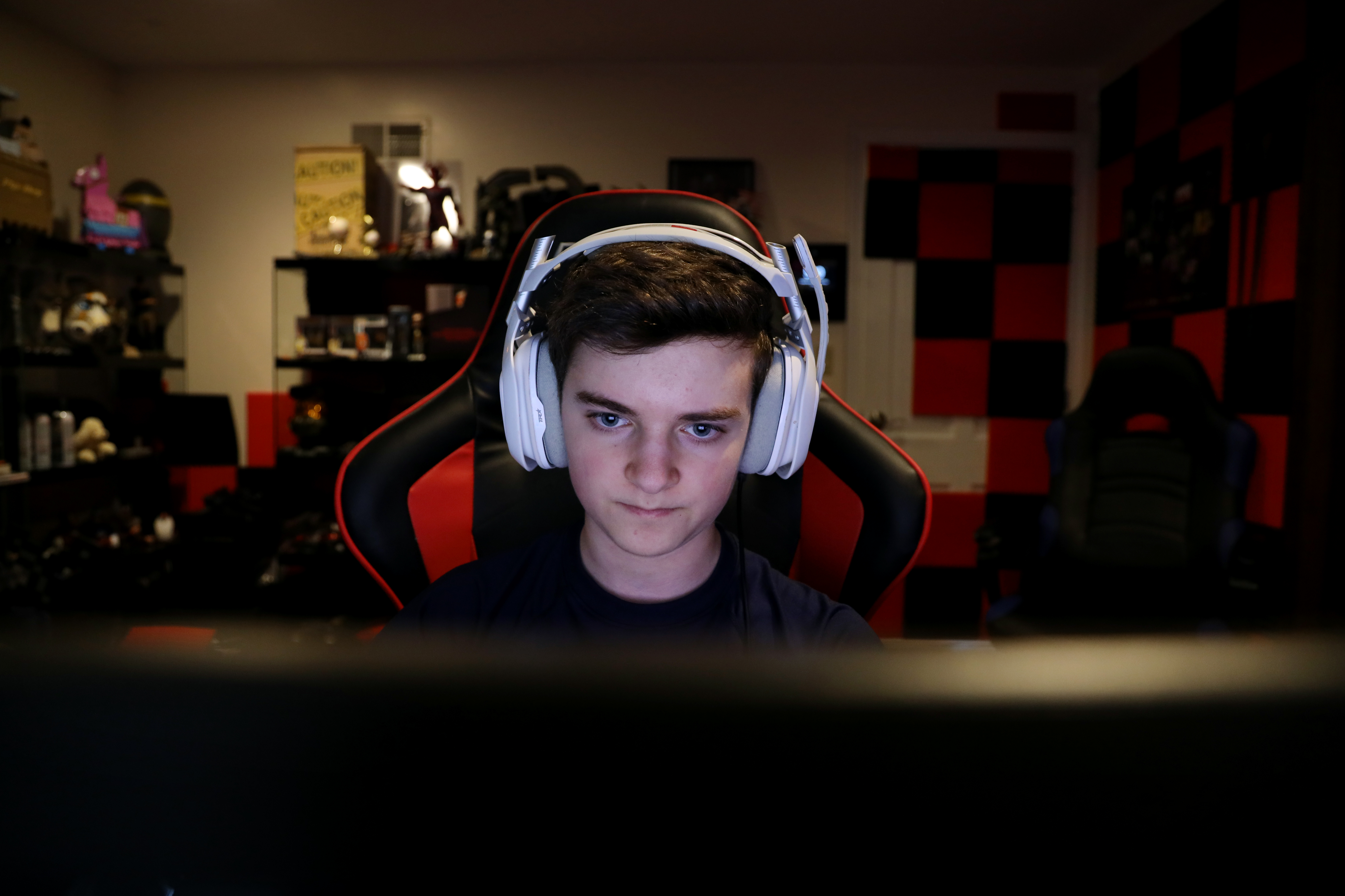 Jordan Herzog played “Fortnite” at his home in Sudbury.