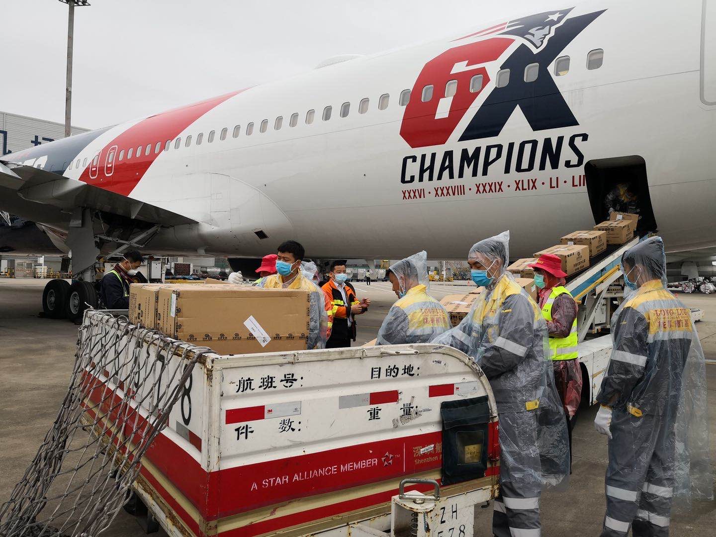 N95 masks were loaded onto the Patriots plane in China.
