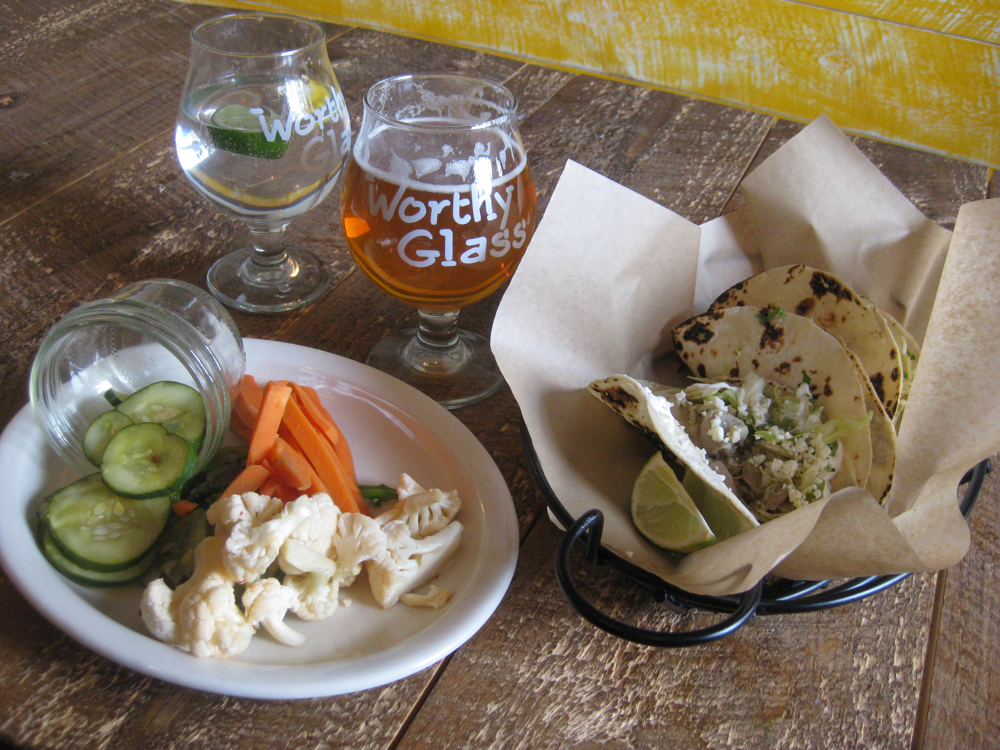 Tacos and pickles at sister restaurant, Worthy Kitchen, in Woodstock.
