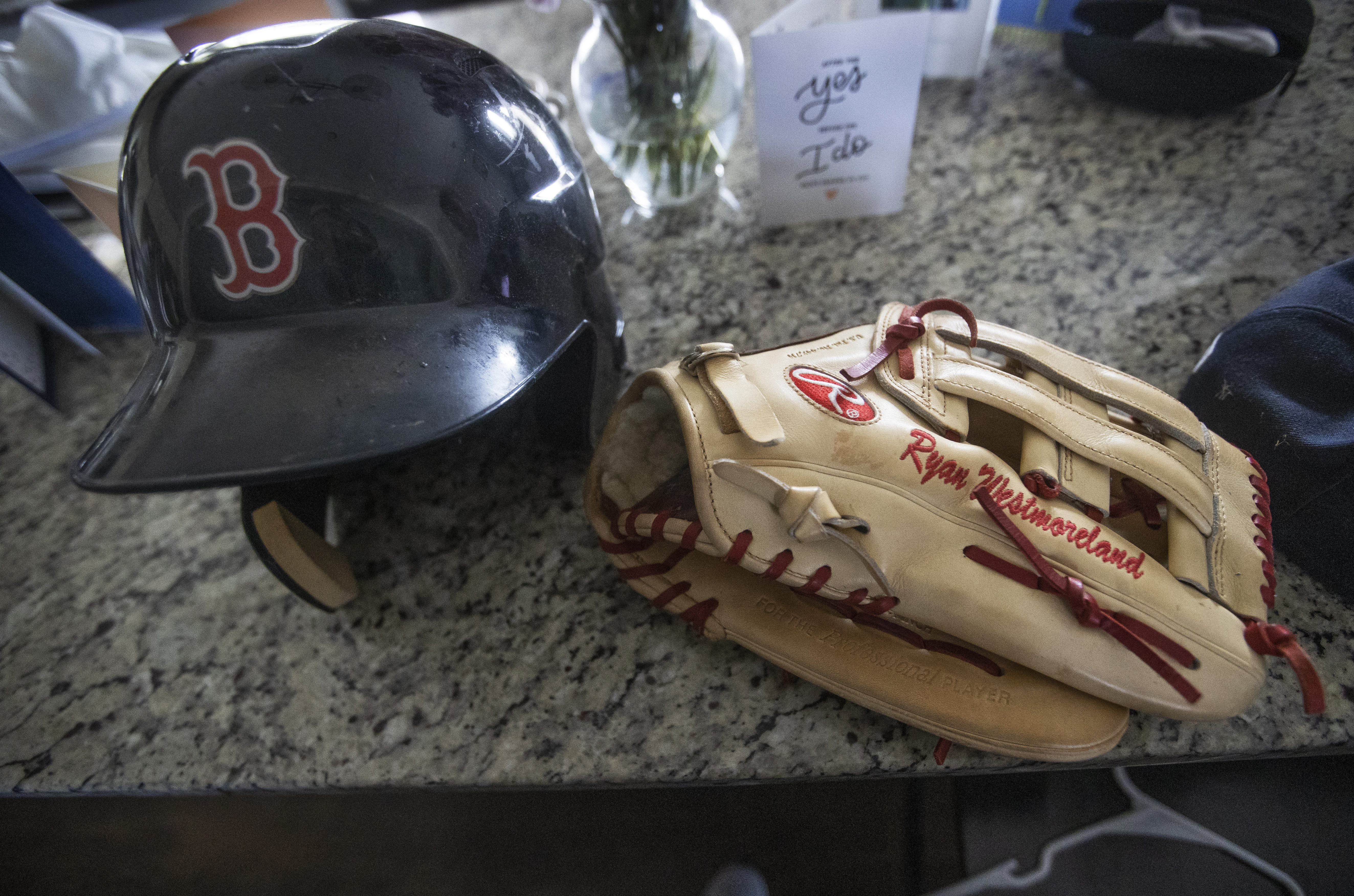 He kept his Red Sox batting helmet and his glove from his days as a top prospect.
