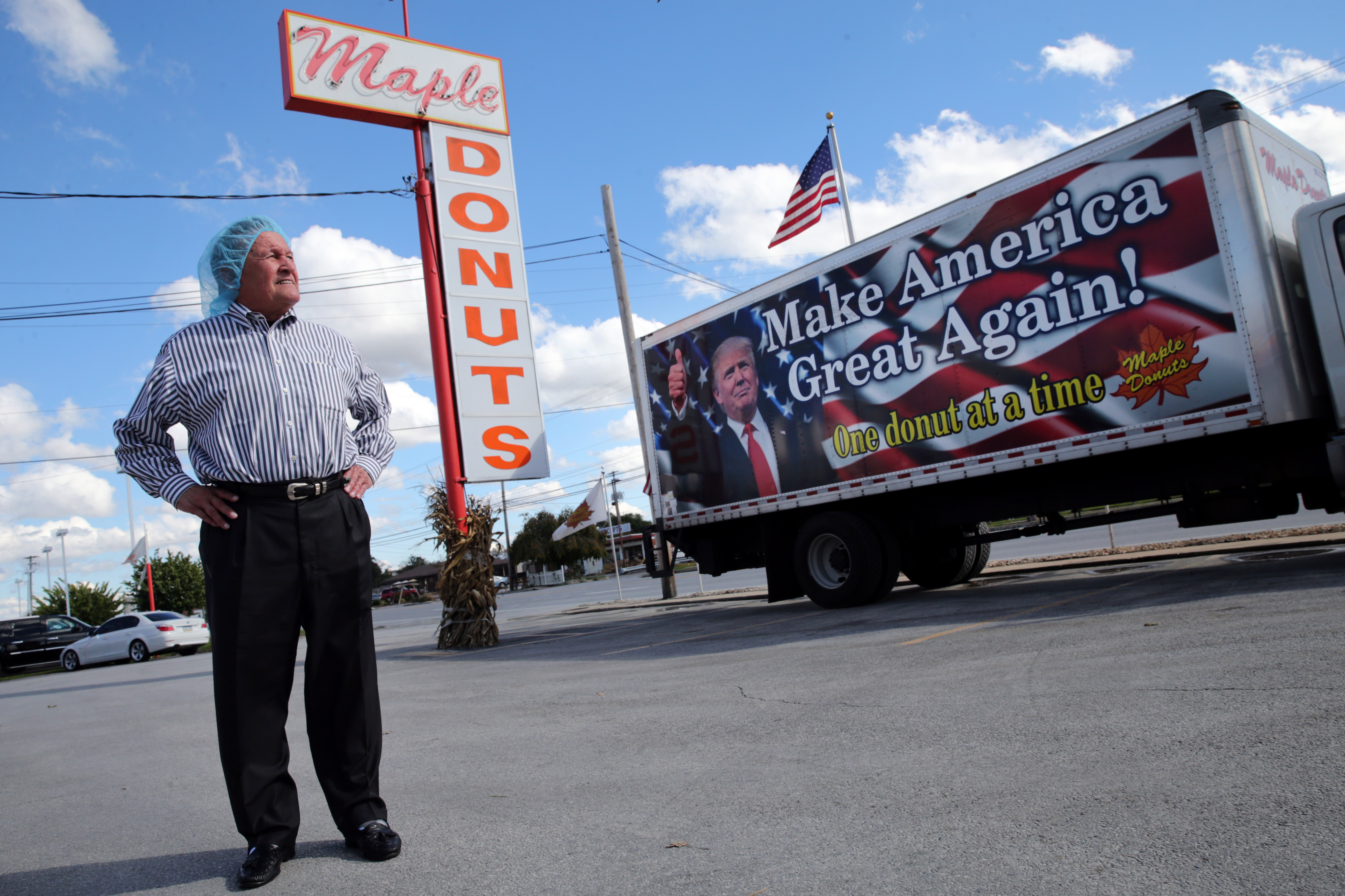 Charles Burnside, owner of Maple Donuts in York, was proud to show off his support for Donald Trump with a sign on one of his trucks.