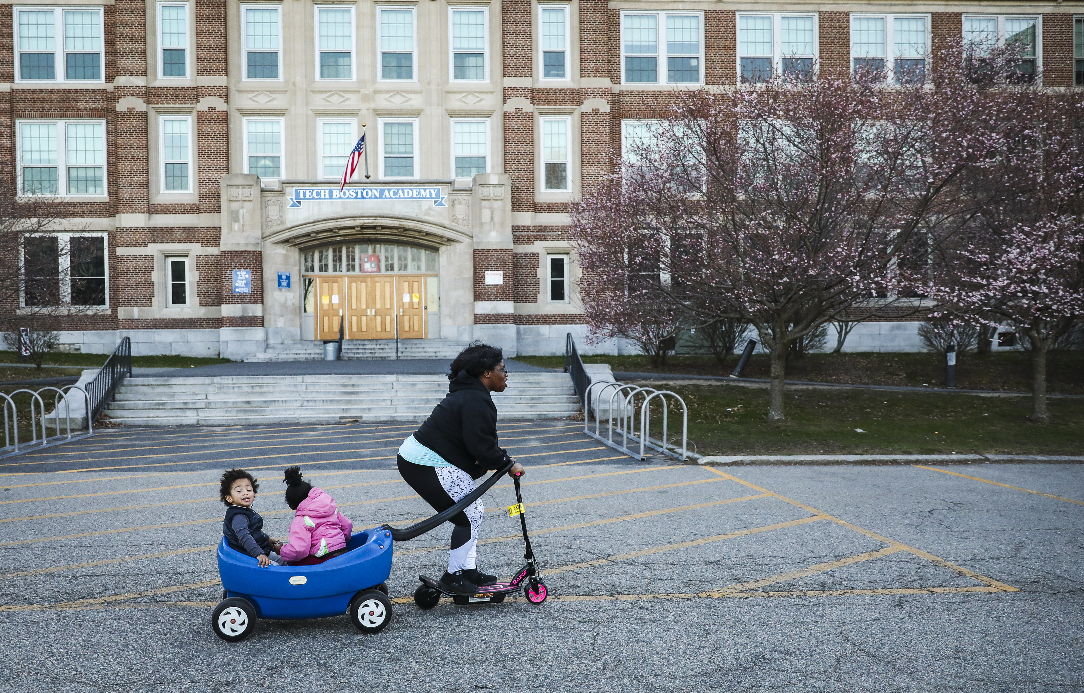 Darling Pierre jetted off on an electric scooter with her 1-year-old son Dish and his friend Malia in tow.