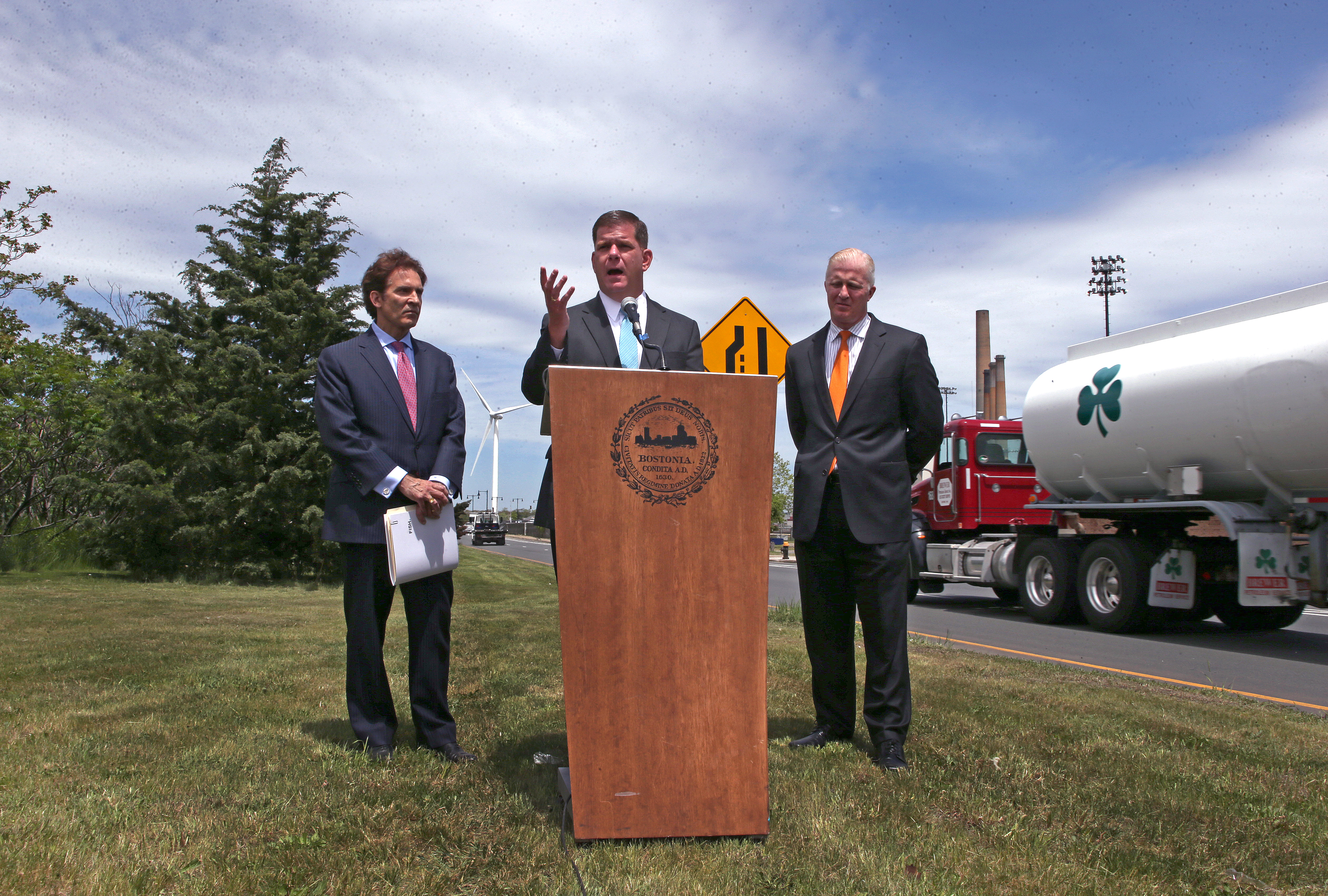 Boston Mayor Martin J. Walsh (center) held a press conference in May at a site along Alford Street near Sullivan Square to discuss the city's amended complaint against the Massachusetts Gaming Commission.