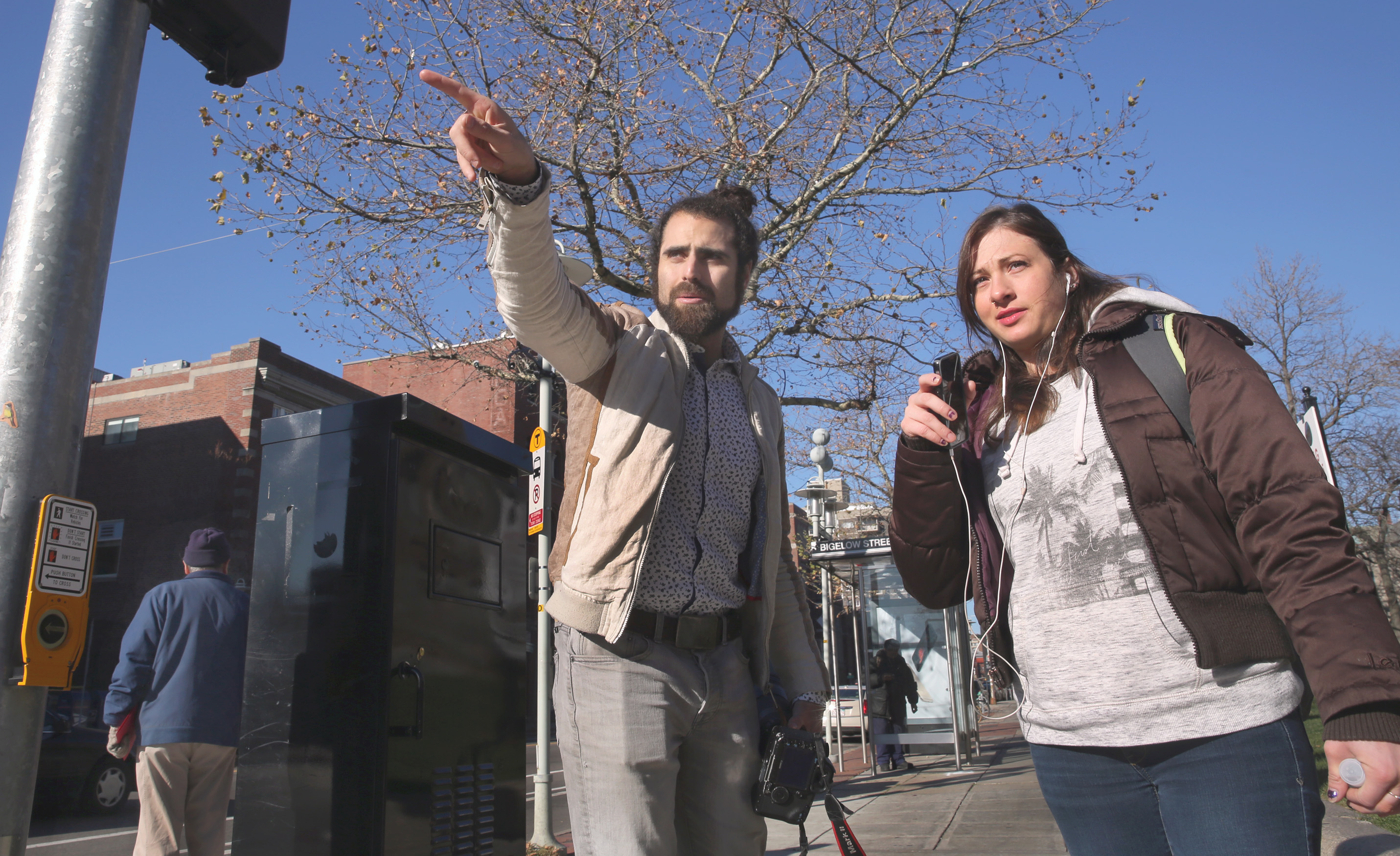 City Councilor Nadeem Mazen gave directions to Allston resident Sarah Mason outside Cambridge City Hall recently. Mazen was reelected in November.