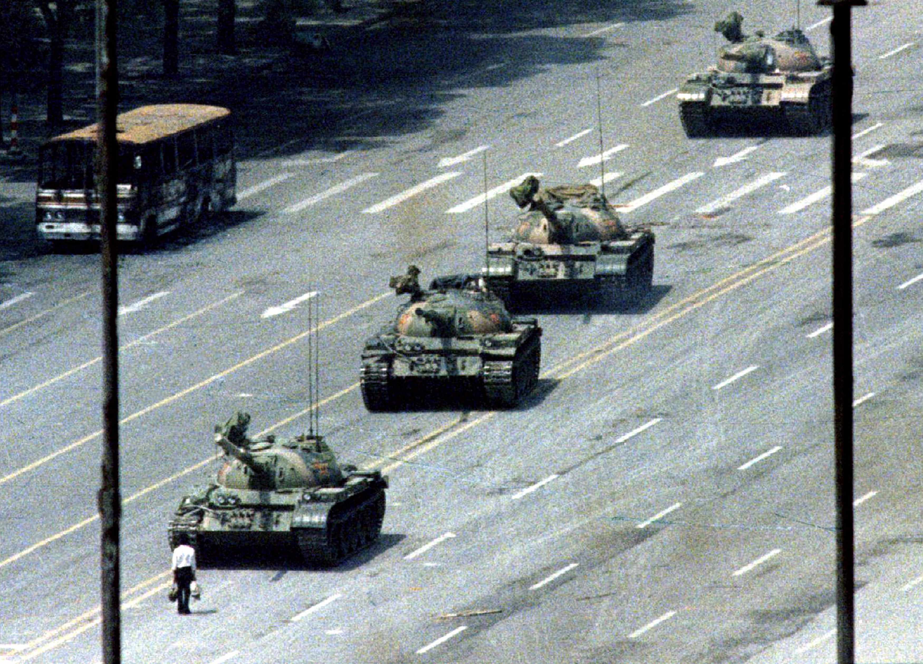 A Beijing citizen stood in front of tanks on the Avenue of Eternal Peace on June 5, 1989, during the crushing of the Tiananmen Square uprising.