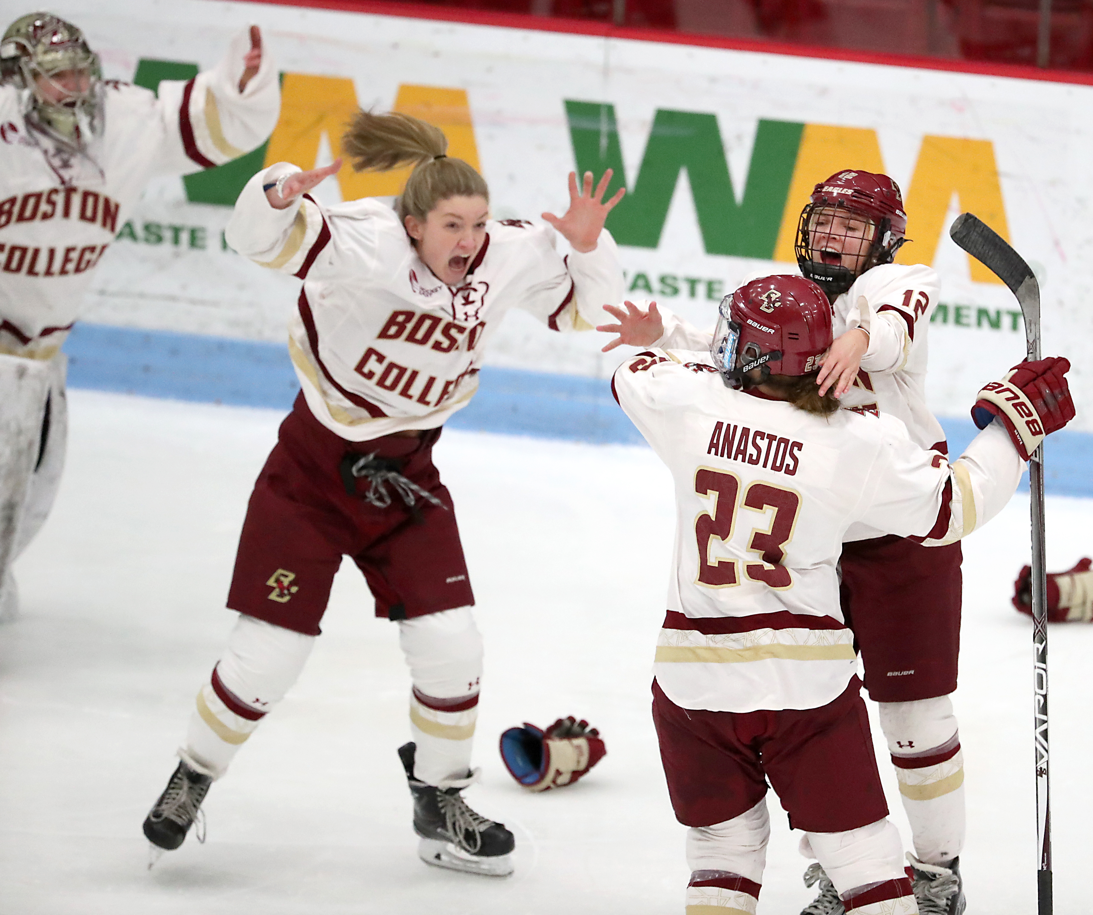 For the second straight day, Andie Anastos’s OT goal got her teammates fired up. This time, it also got them a Hockey East title.