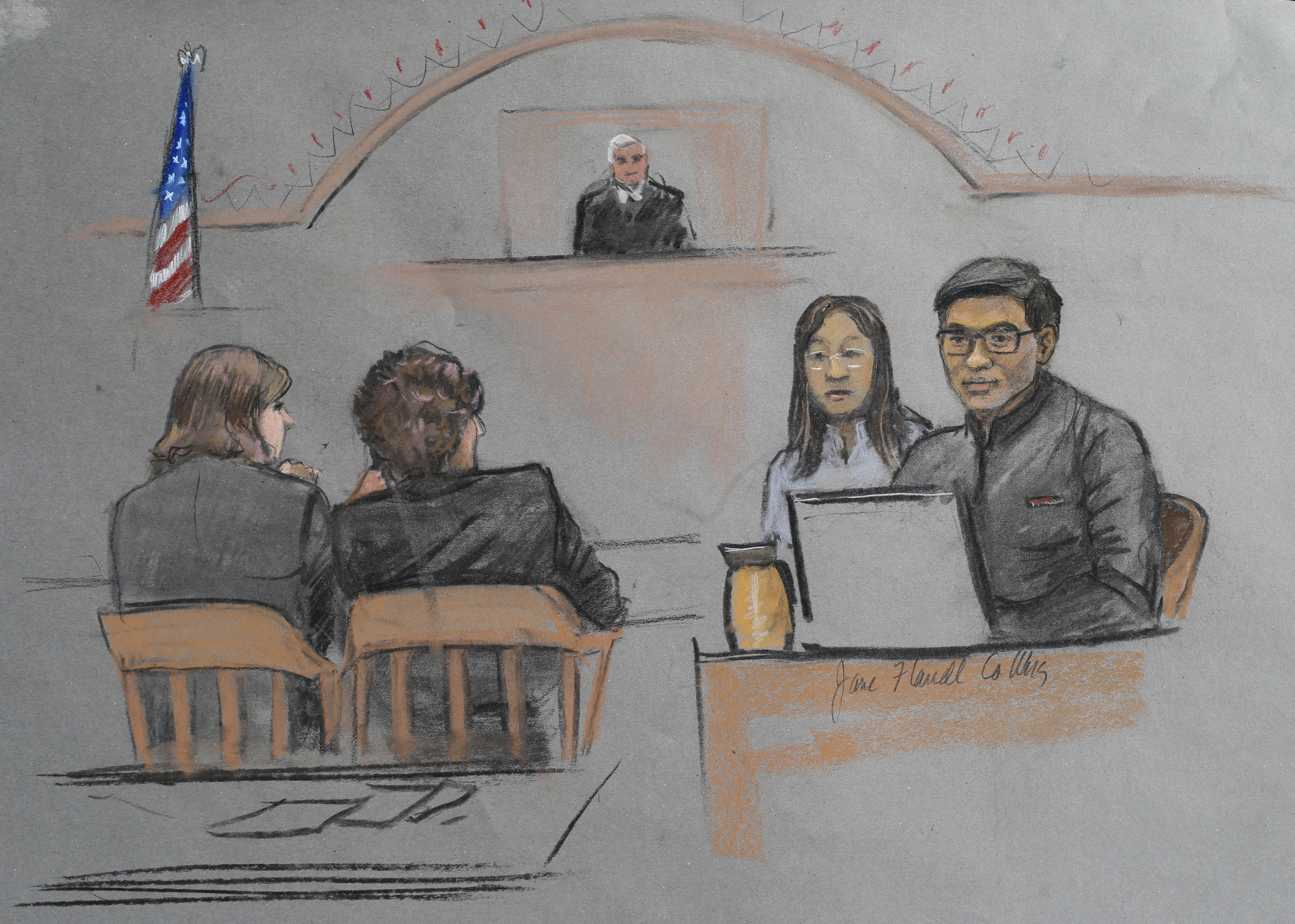 Dun Meng (far right) is depicted in a courtroom sketch testifying in the trial of Dzhokhar Tsarnaev. Next to him is a Chinese interpreter.