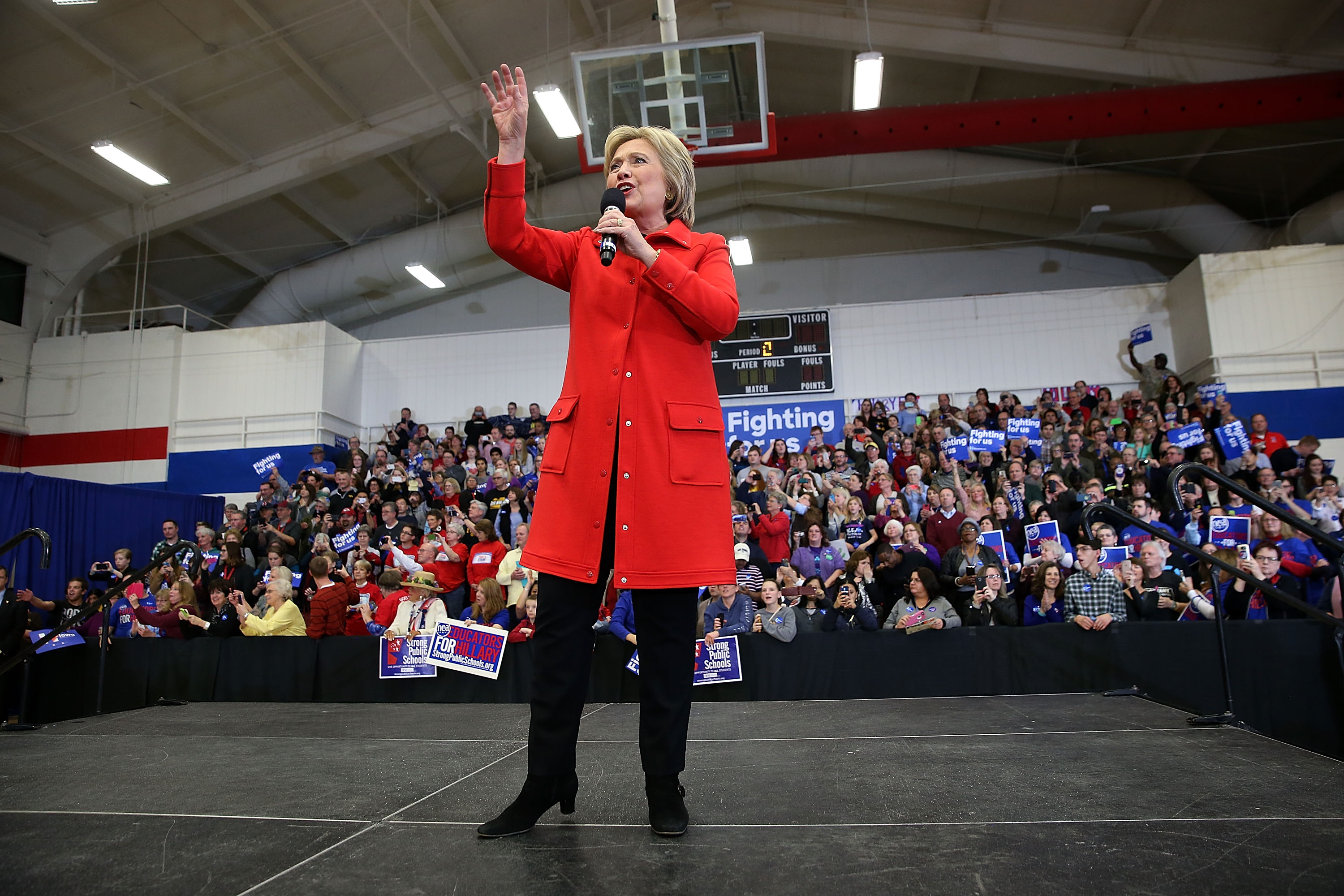 Democratic presidential candidate former Secretary of State Hillary Clinton spoke during a "get out to caucus" event at Washington High School in Cedar Rapids, Iowa.