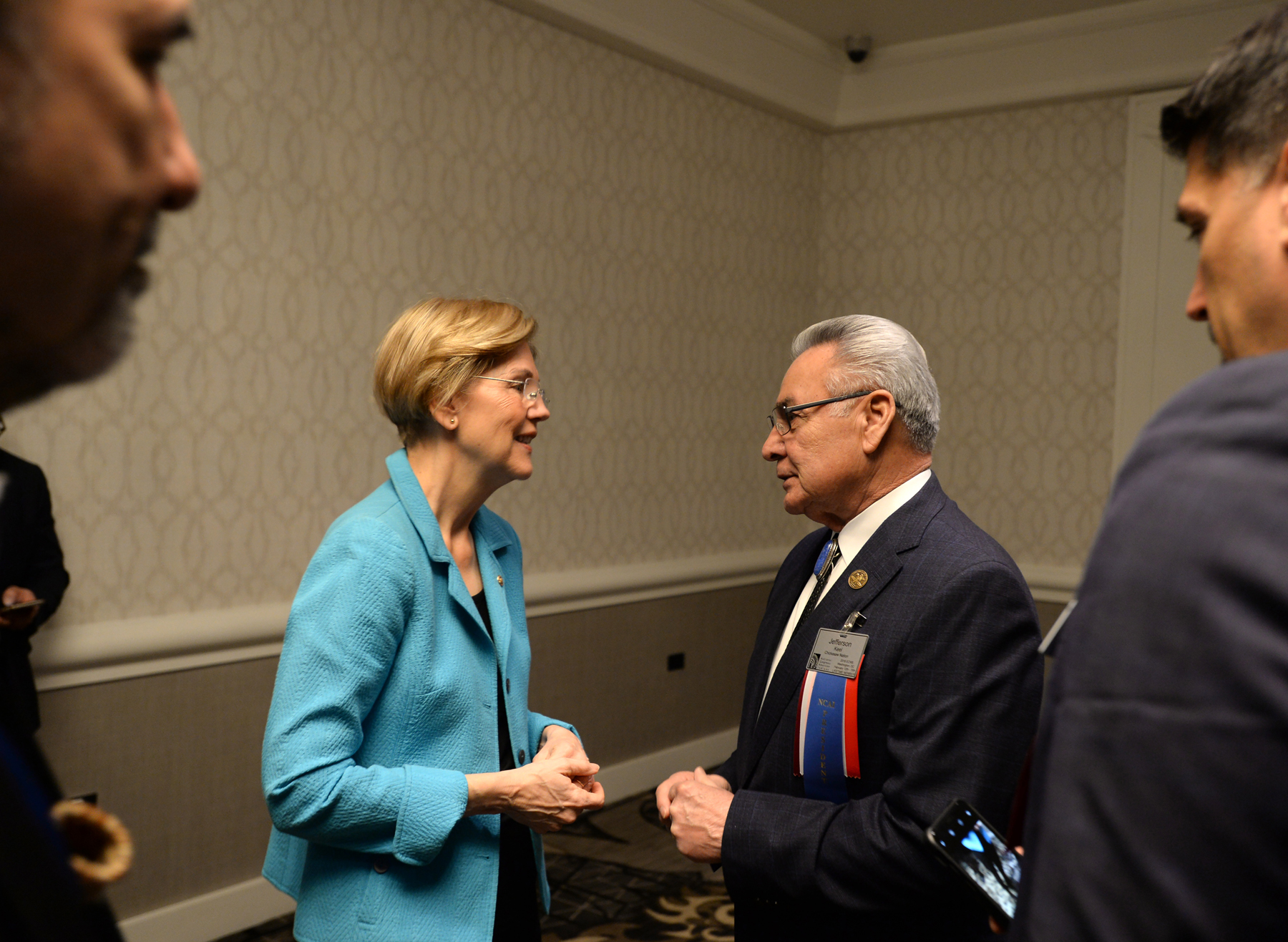 Senator Elizabeth Warren greeted Jefferson Keel, president of the NCAI before she spoke at the Congress of American Indian.