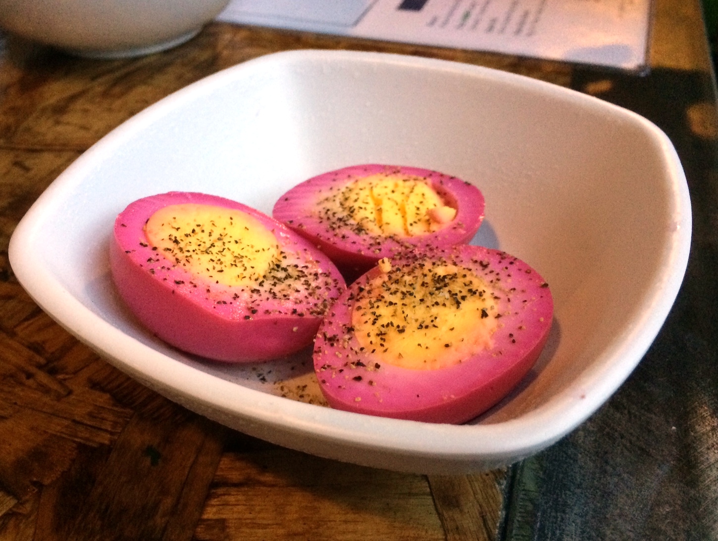 Beet pickled egg was sweet and vinegary at the same time.