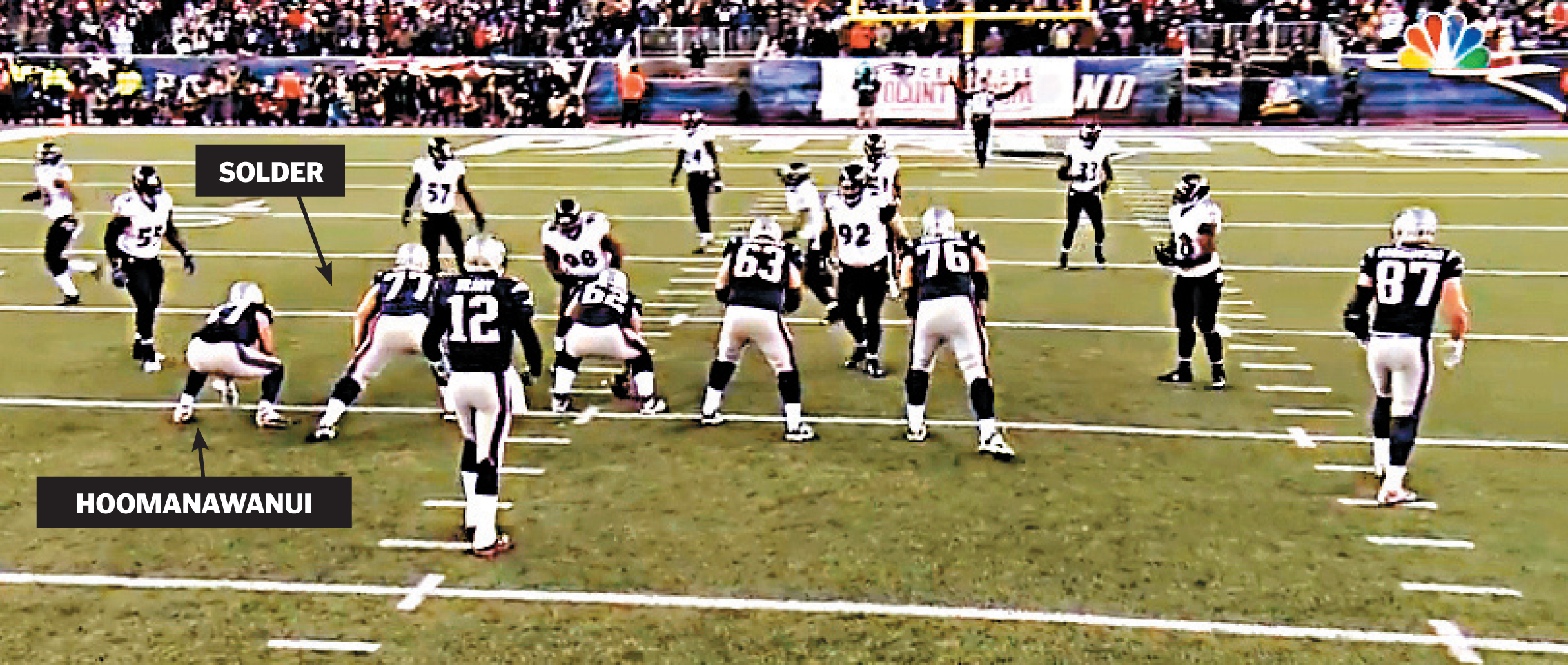 Right guard Josh Kline left the field. Nate Solder is now the left guard and Michael Hoomanawanui the left tackle.