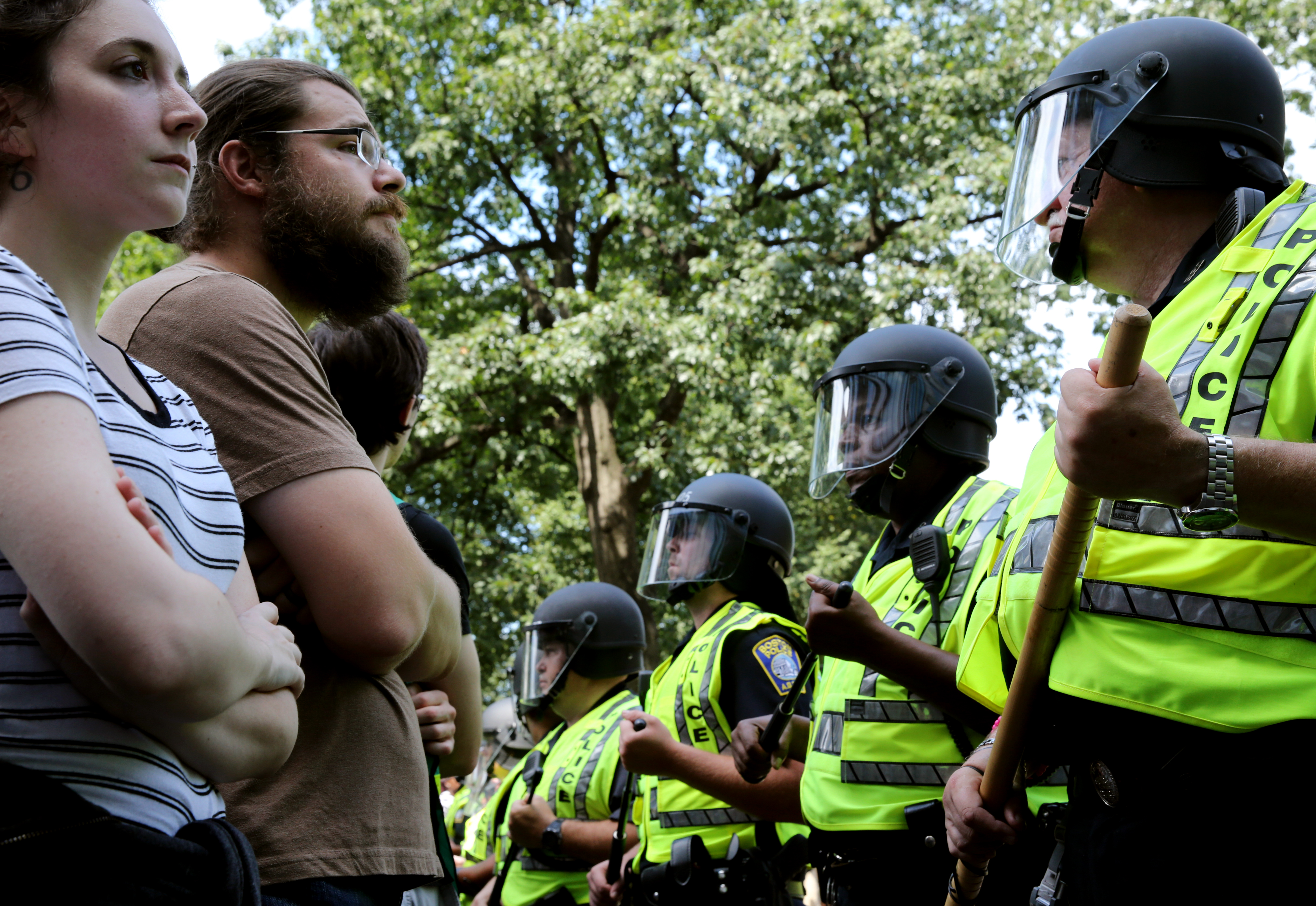 Protesters faced a line of police on Boylston Street.