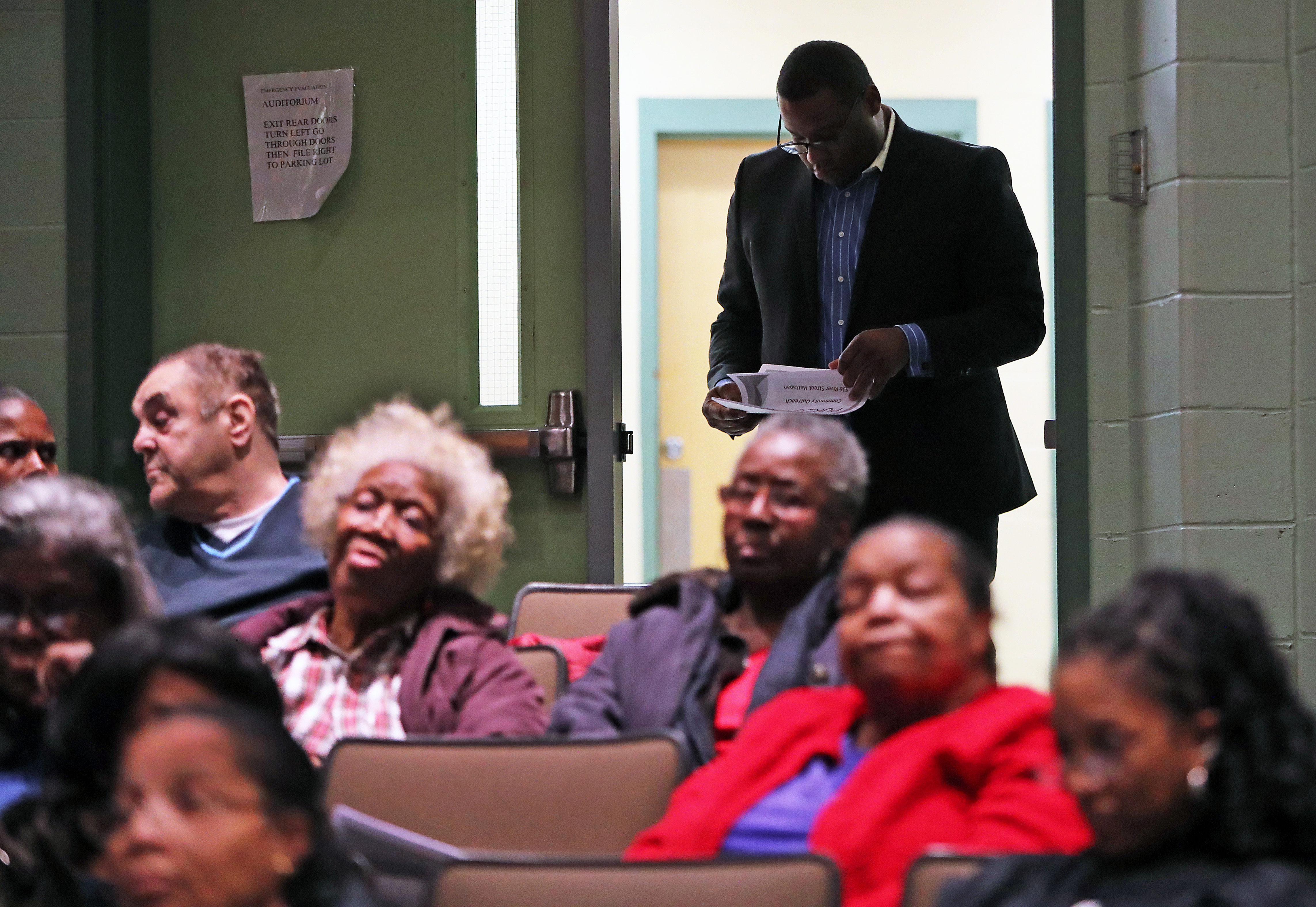 After speaking at his own community meeting in January, Tito Jackson attended a hearing in March for a competing pot store proposal from Kobie Evans.