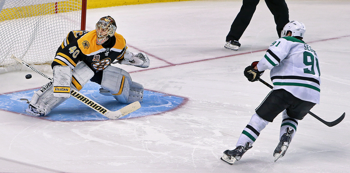 Former Bruin Tyler Seguin puts it past Boston goalie Tuukka Rask in the shootout, before a strike by Rich Peverley — who also once wore the Black and Gold — won the game for Dallas.