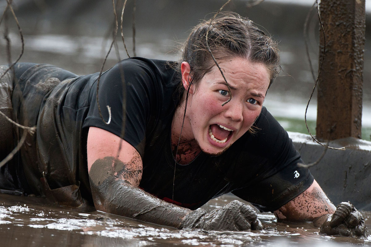 There was no joy in mudville for this competitor, because the “Electric Eel” obstacle features dangling wires that give off powerful shocks.