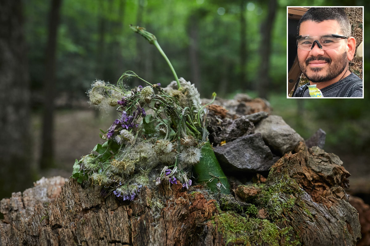 A wilted bouquet of wildflowers marked the primitive campsite on the Appalachian Trail where Ronald Sanchez Jr. (inset) was killed.
