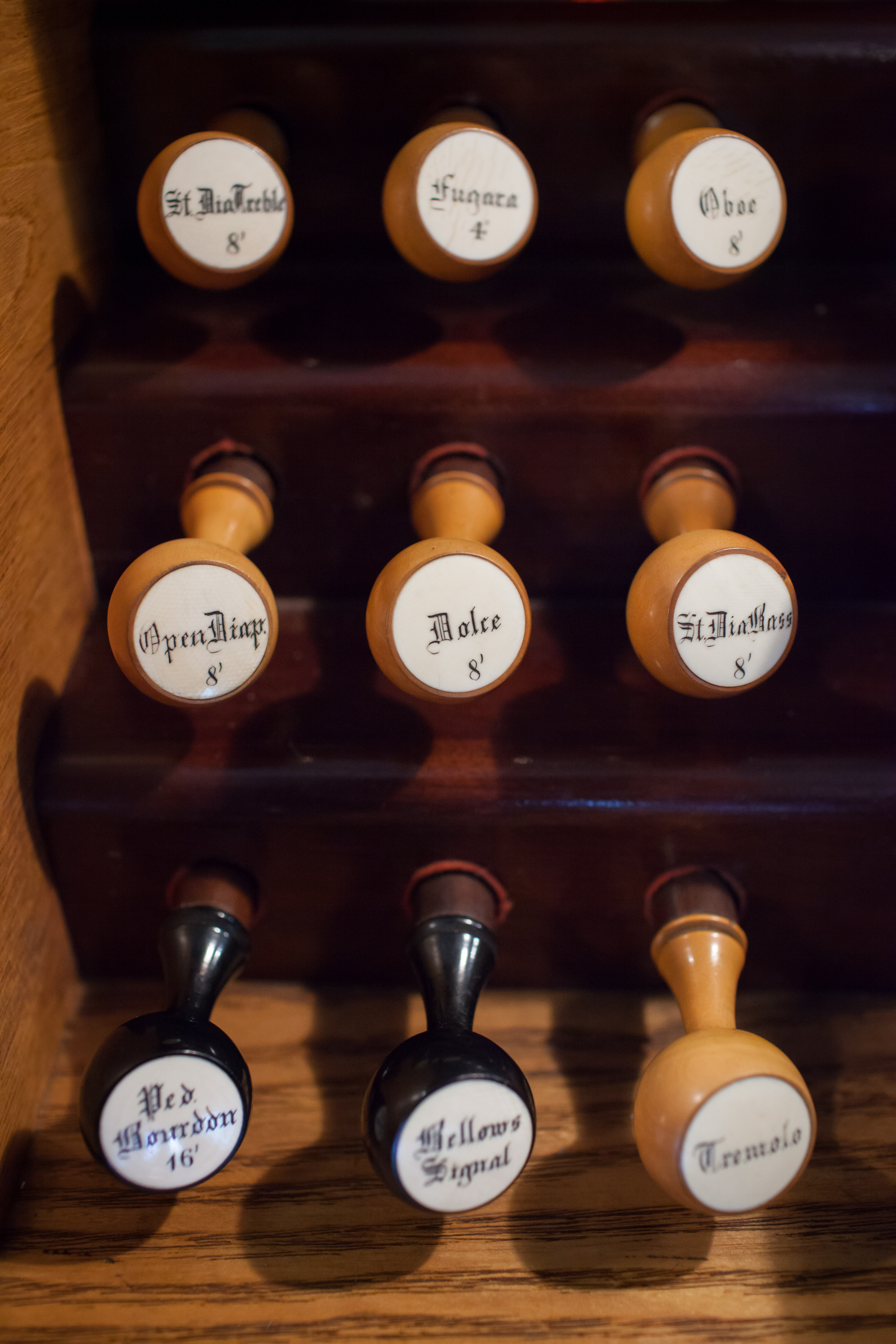 The knobs — known as stops — in the pipe organ at the Stone Church.