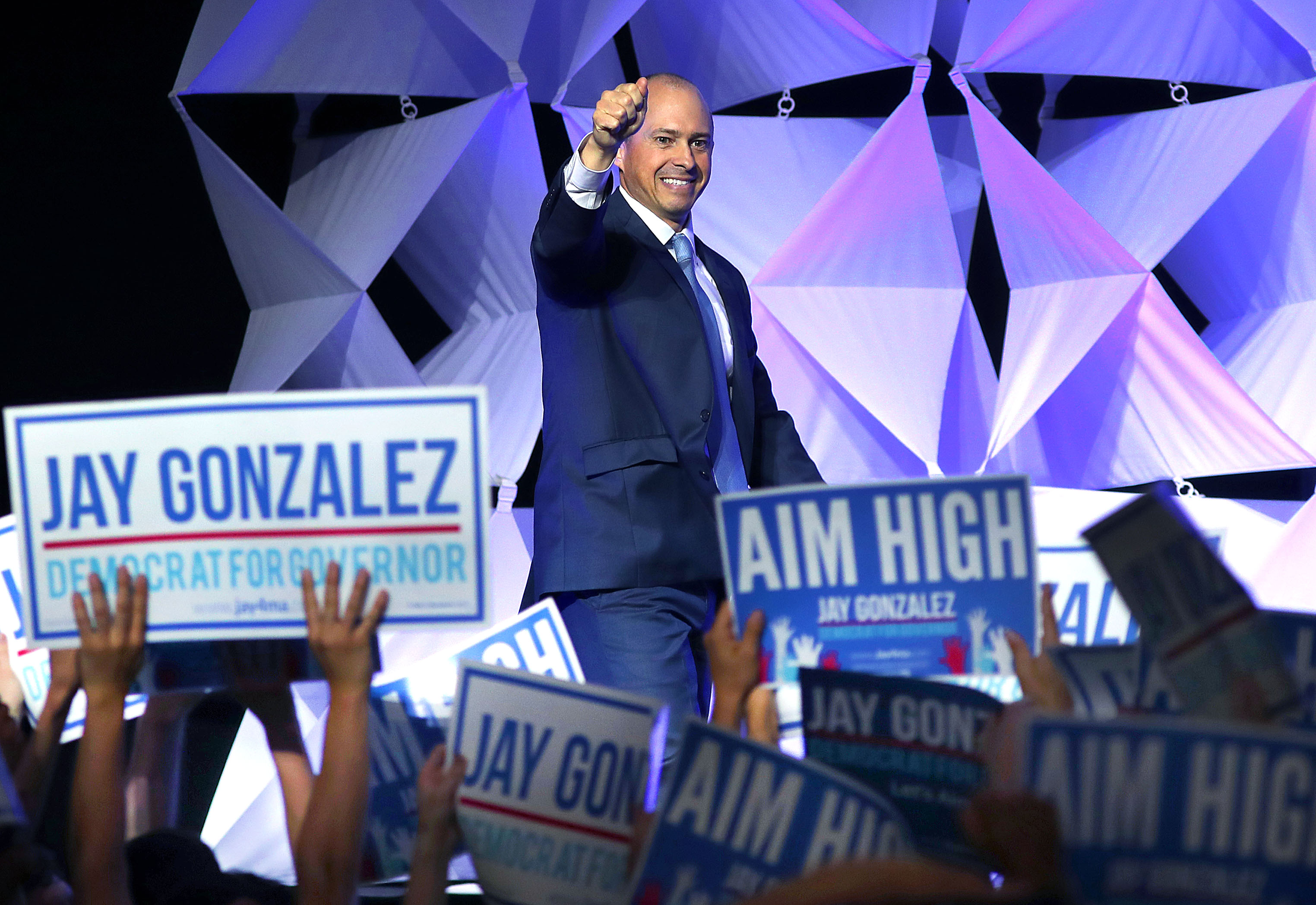 Democratic gubernatorial candidate Jay Gonzalez took the stage after winning the party endorsement.
