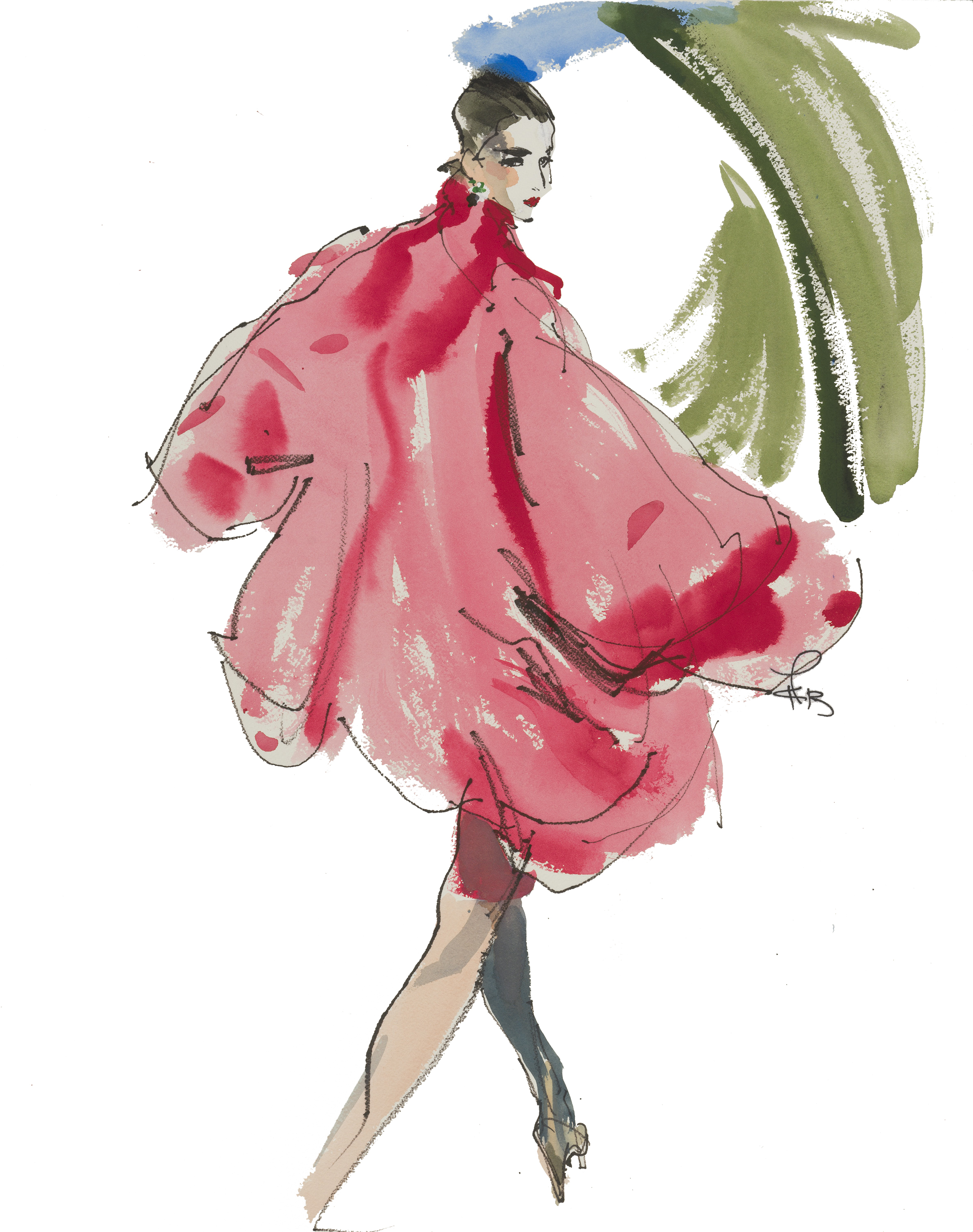 2. Female model in sweeping pink coat Kenneth Paul Block (American, 1925â2009) late 20th century Watercolor and black marker on paper * Gift of Kenneth Paul Block, made possible with the generous â¨assistance of Jean S. and Frederic A. Sharf * Photograph © Museum of Fine Arts, Boston