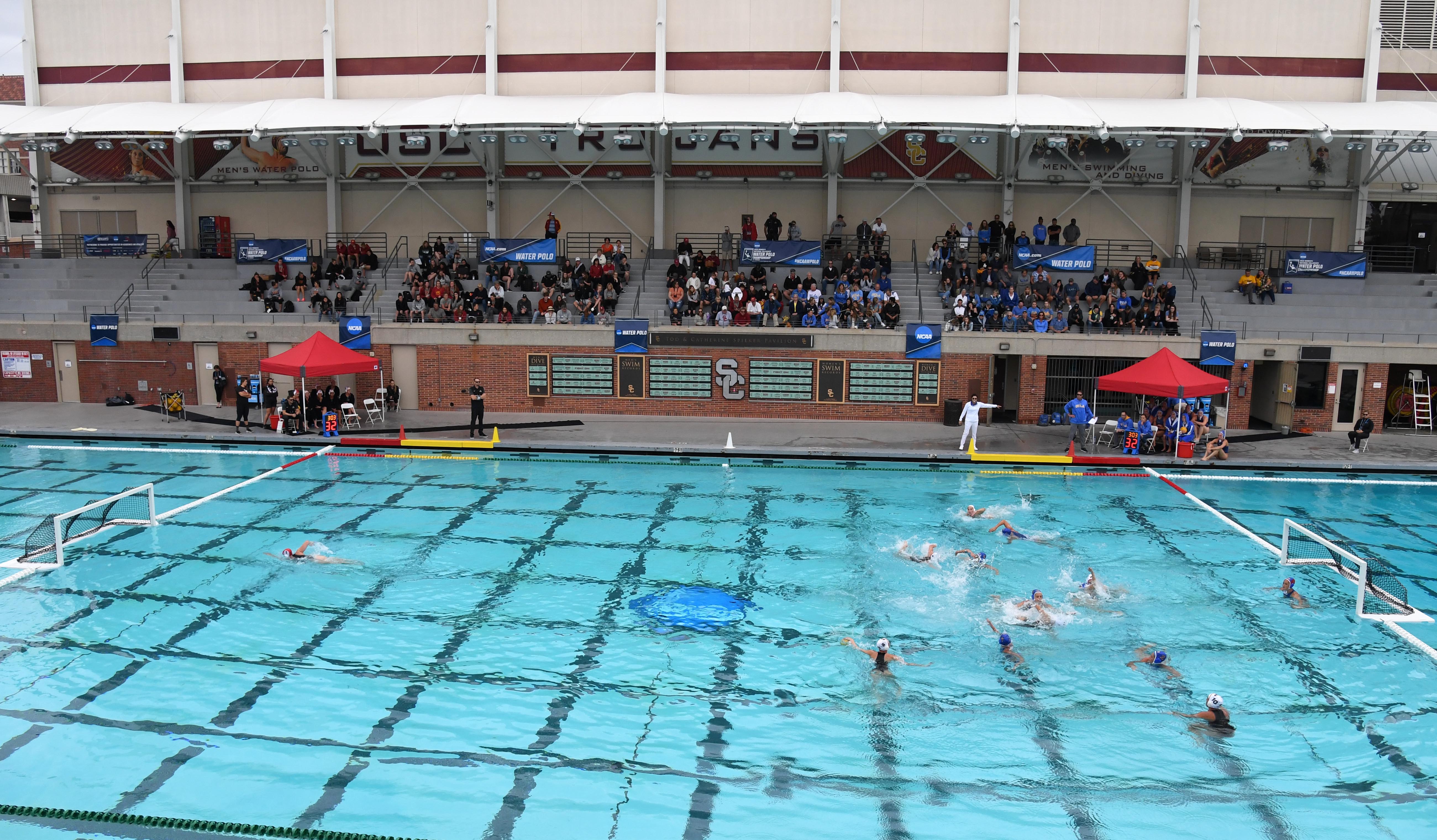 Water polo loomed large in the recent college admissions scandal, but interest from spectators is often more modest, as at this UCLA win in the NCAA 2018 women’s quarterfinals, held at USC.