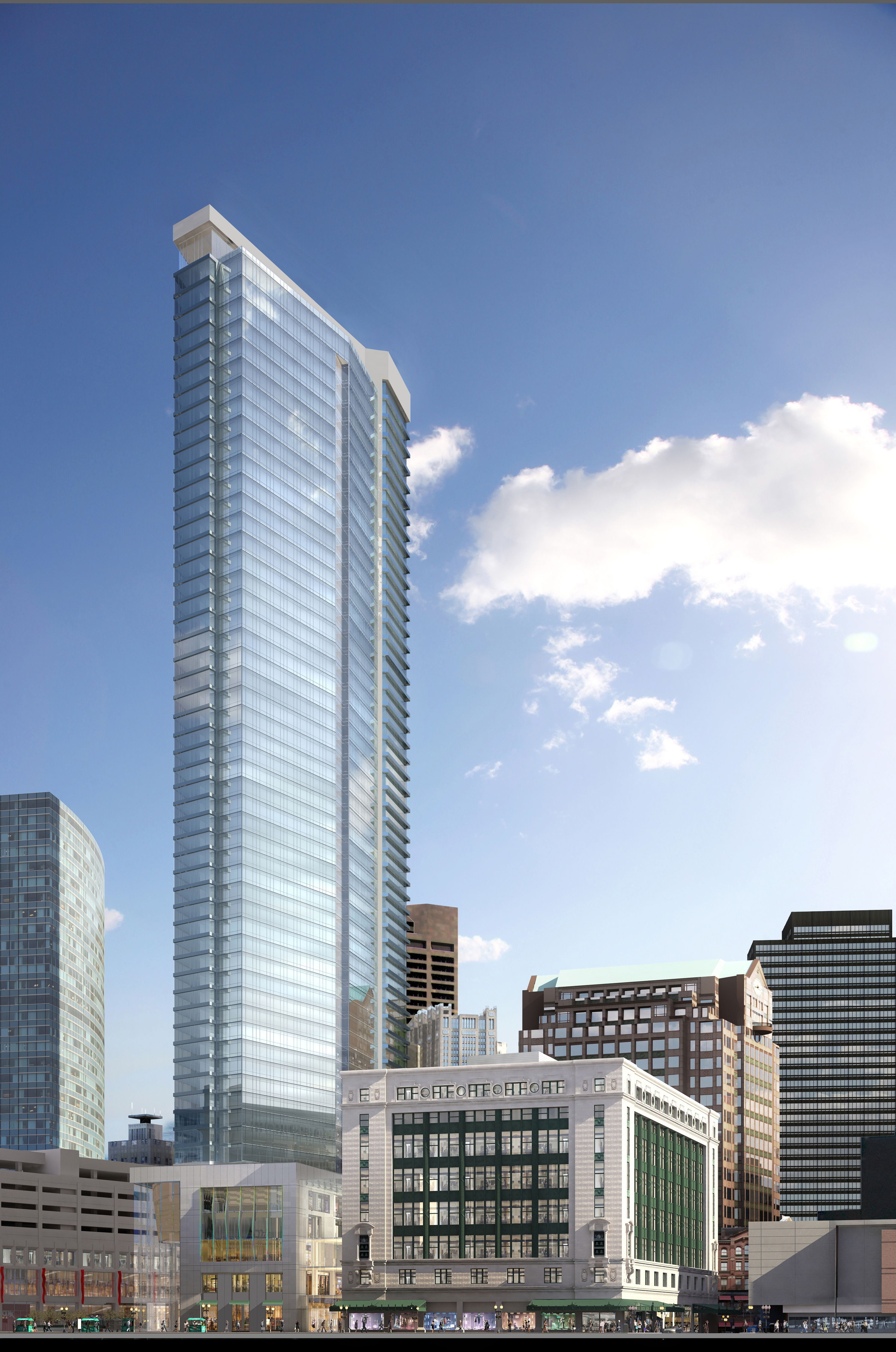 A 625-foot skyscraper at the site of the former Filene’s building will house more than 500 luxury condominiums.
