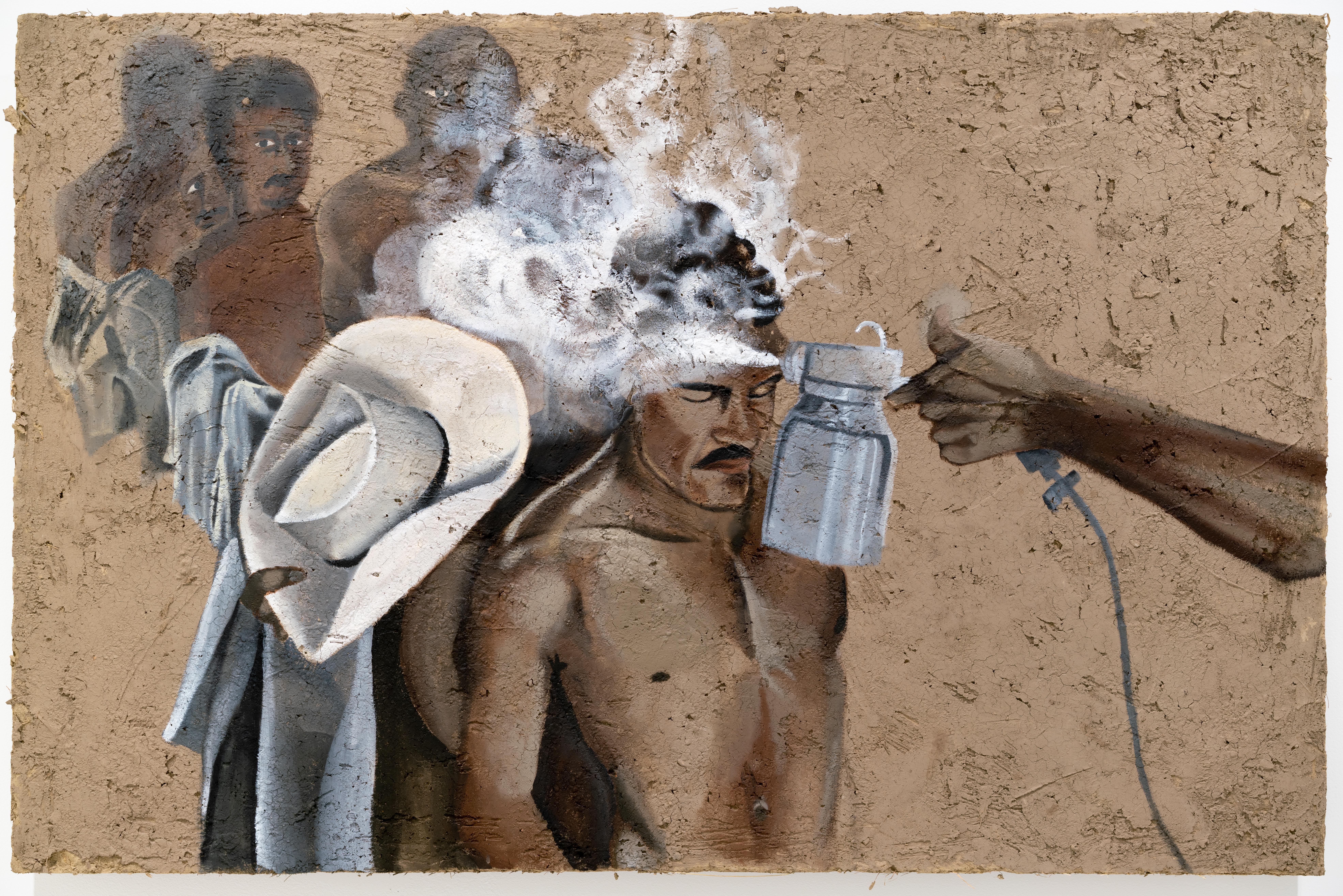 Rafa Esparza’s “Border Wash: Mexican immigrant laborers sprayed with DDT at processing center in Hidalgo,Texas-after Leonard Nadel, 1956