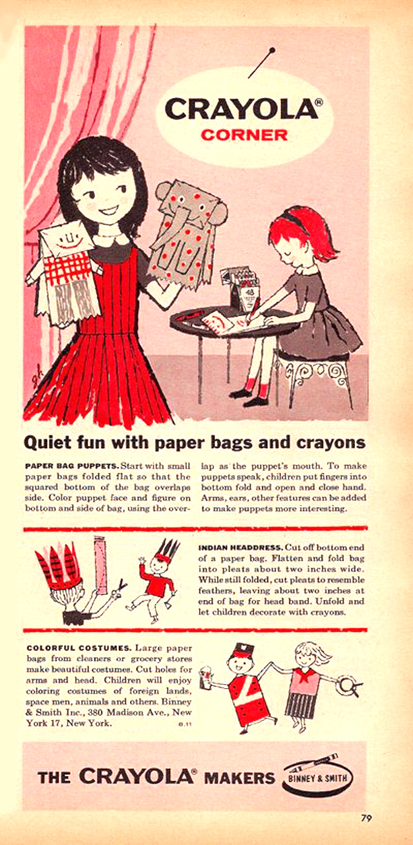 1958 Crayola ad with directions for "quiet fun with paper bags and crayons."