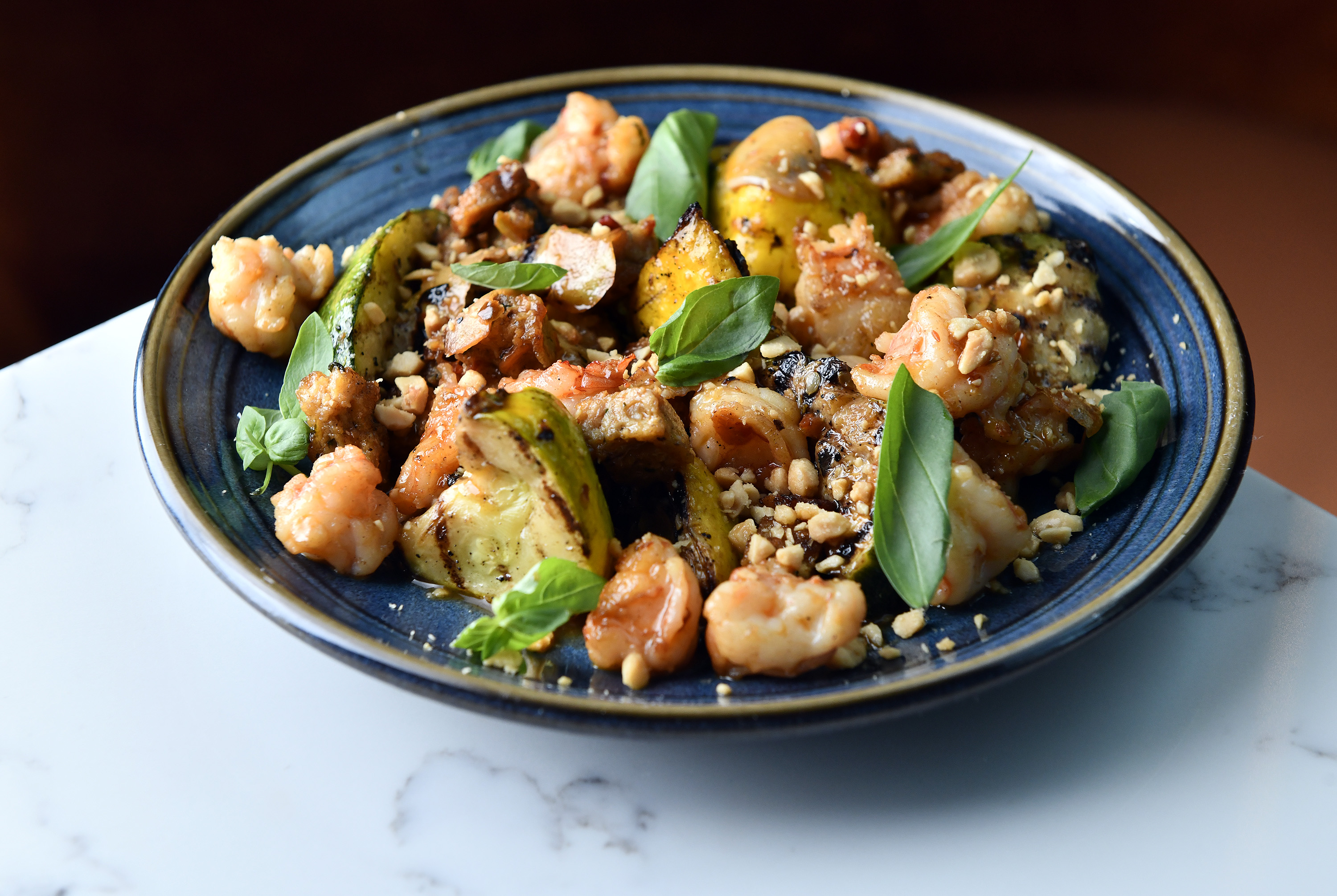 The sambal-spiced squash with shrimp.