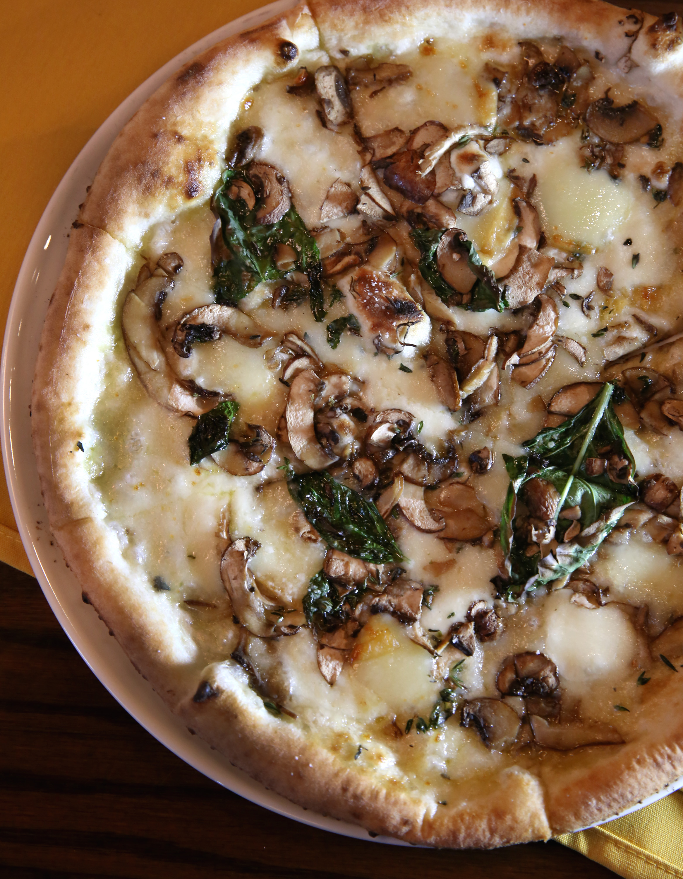Mushroom and smoked mozzarella pizza.