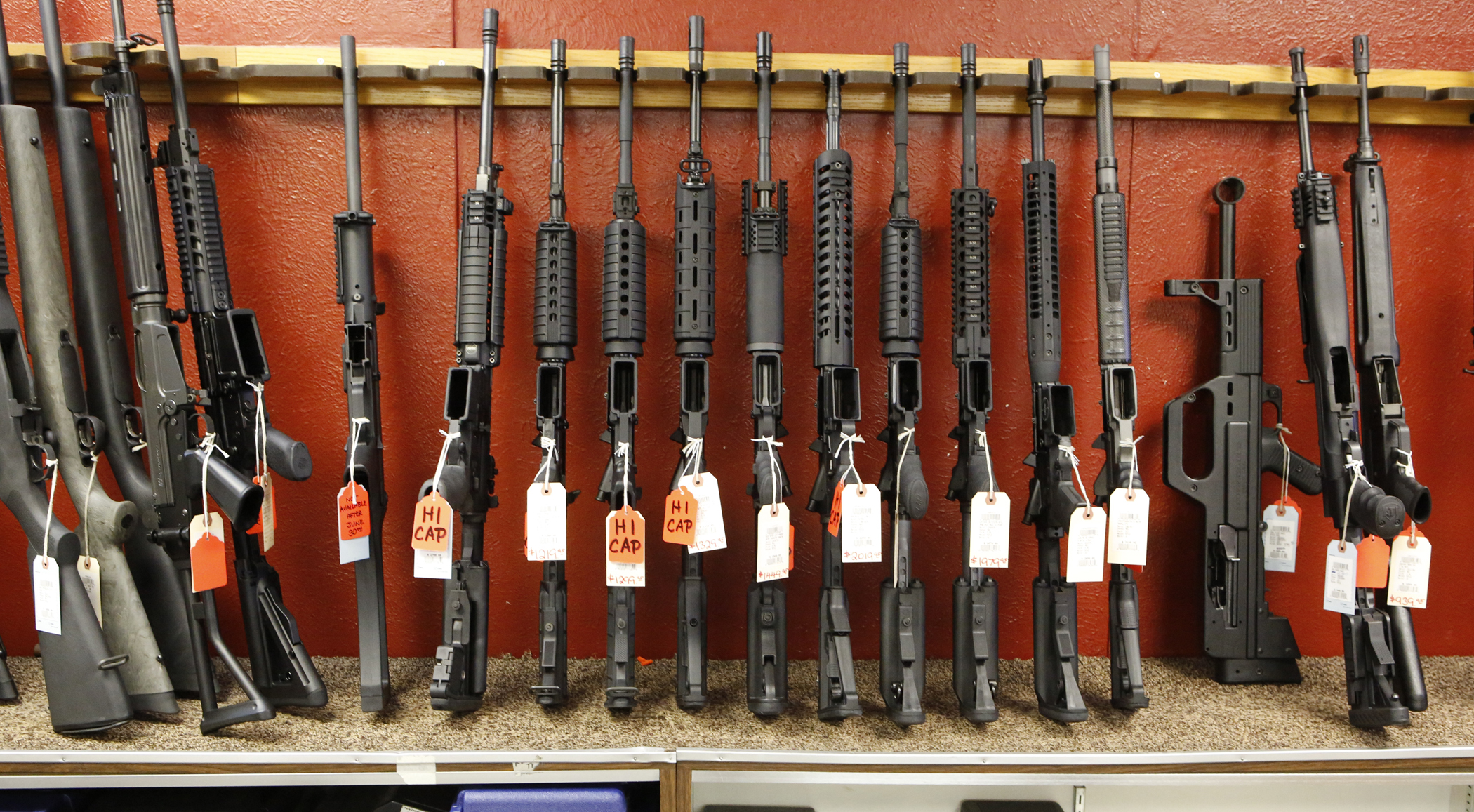 A rack at the Firing-Line gun store in Aurora, Colo.