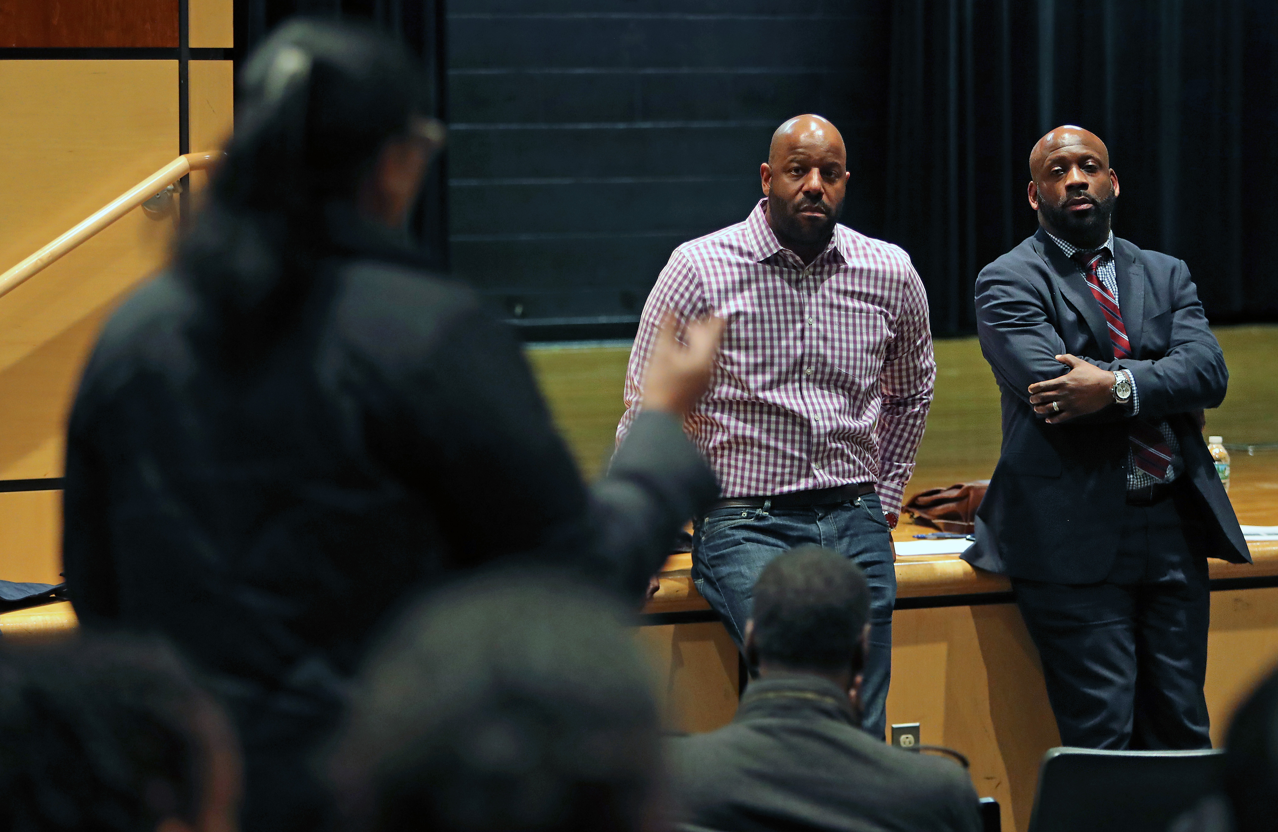 At a community meeting held at the Mildred Avenue Community Center in March, Kobie Evans (left) and Kevin Hart spoke to and took questions from concerned residents regarding their bid to open a cannabis shop.