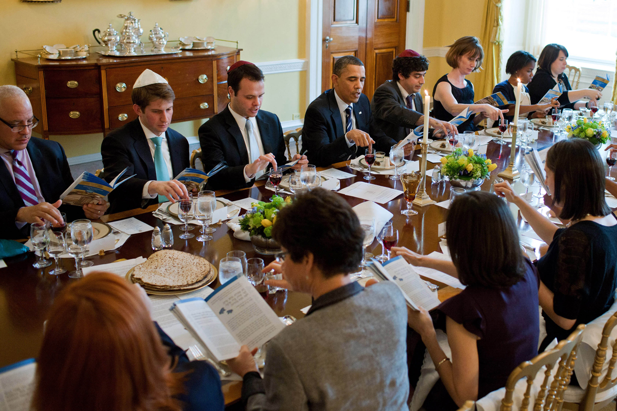 President Obama, with Eric Lesser (on left), now a Massachusetts state senator, held the 2011 Seder in the Old Family Dining Room of the White House.