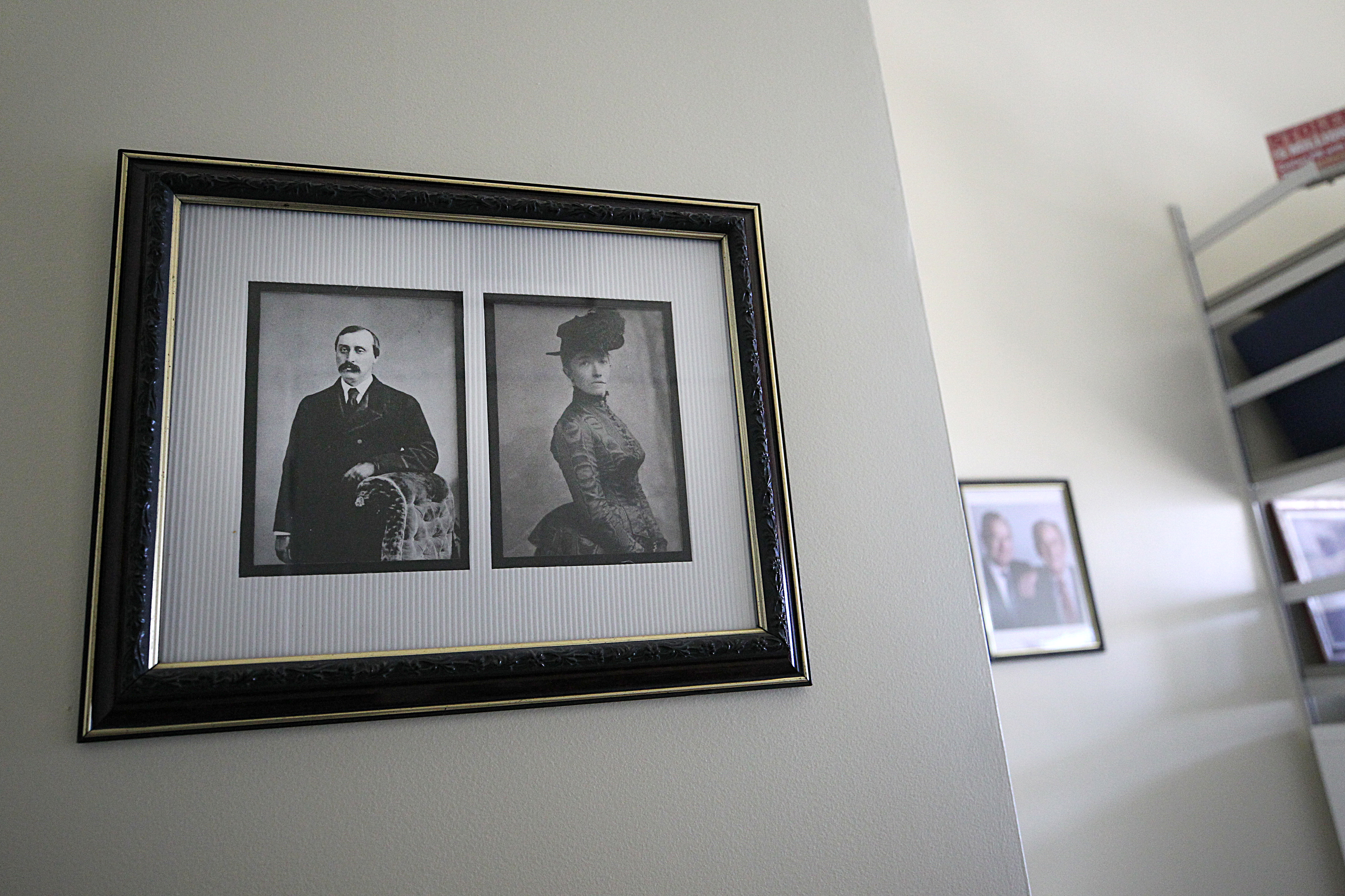 A framed photos of Isabella and Jack Gardner in Anthony Amore’s office.