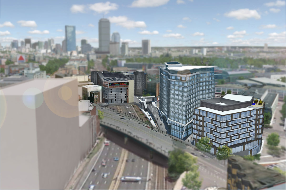 A view of the east side of Fenway Center, minus the 27- story tower that would be part of Phase 2.