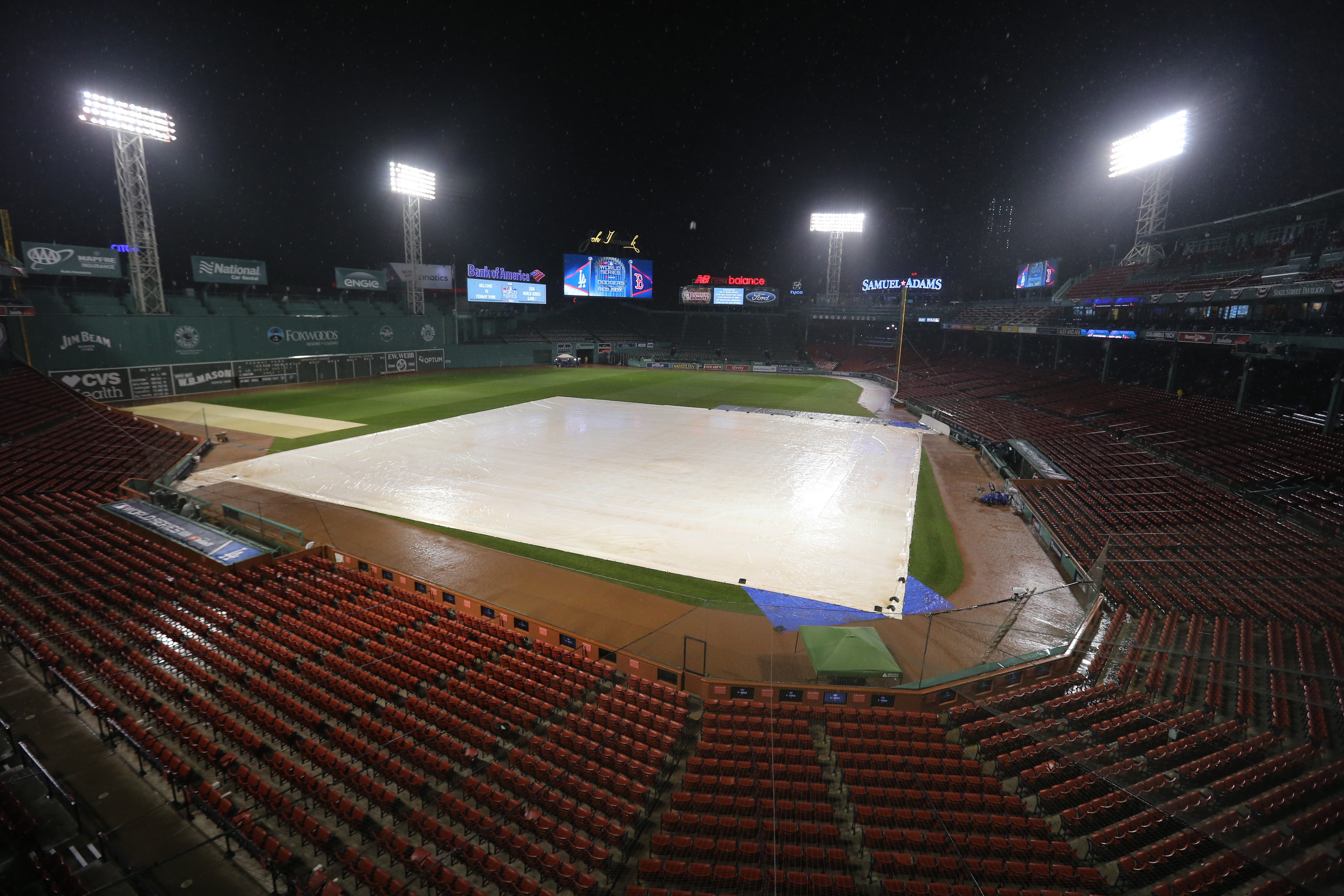 The infield tarp covers the field as a storm passes over Fenway Park before the game.