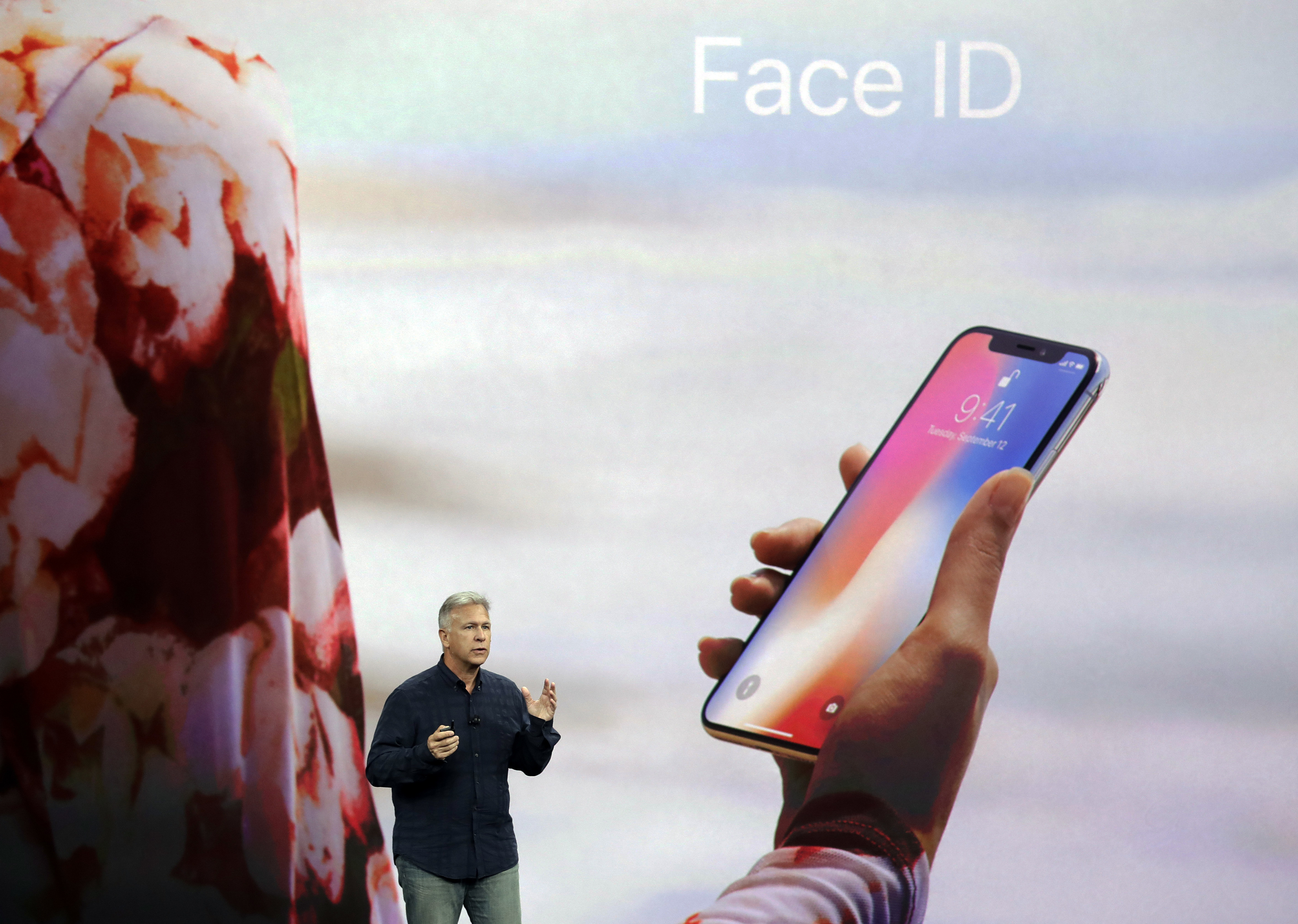 Phil Schiller, Apple’s senior vice president of worldwide marketing, announces features of the new iPhone X, including the new Face ID facial recognition system.