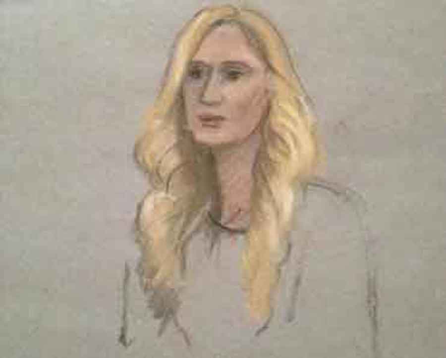 A courtroom sketch shows Boston Marathon bombing survivor Rebekah Gregory testifying in the trial of accused bomber Dzhokhar Tsarnaev Wednesday.