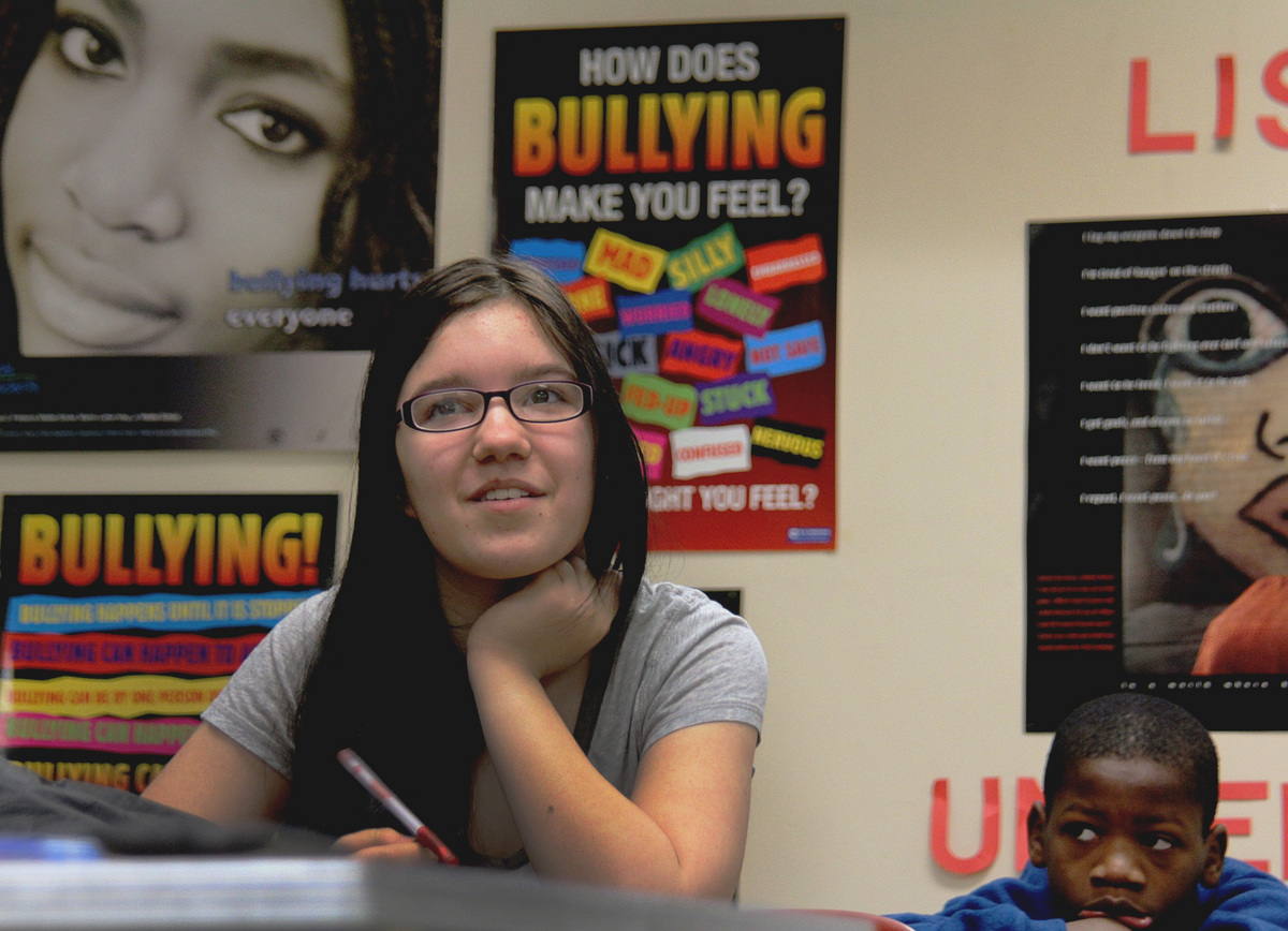 Boston Latin eighth-grader Judy Ayala and Wendell Sumerlin, a fourth-grader from Brighton, at an antibullying workshop.