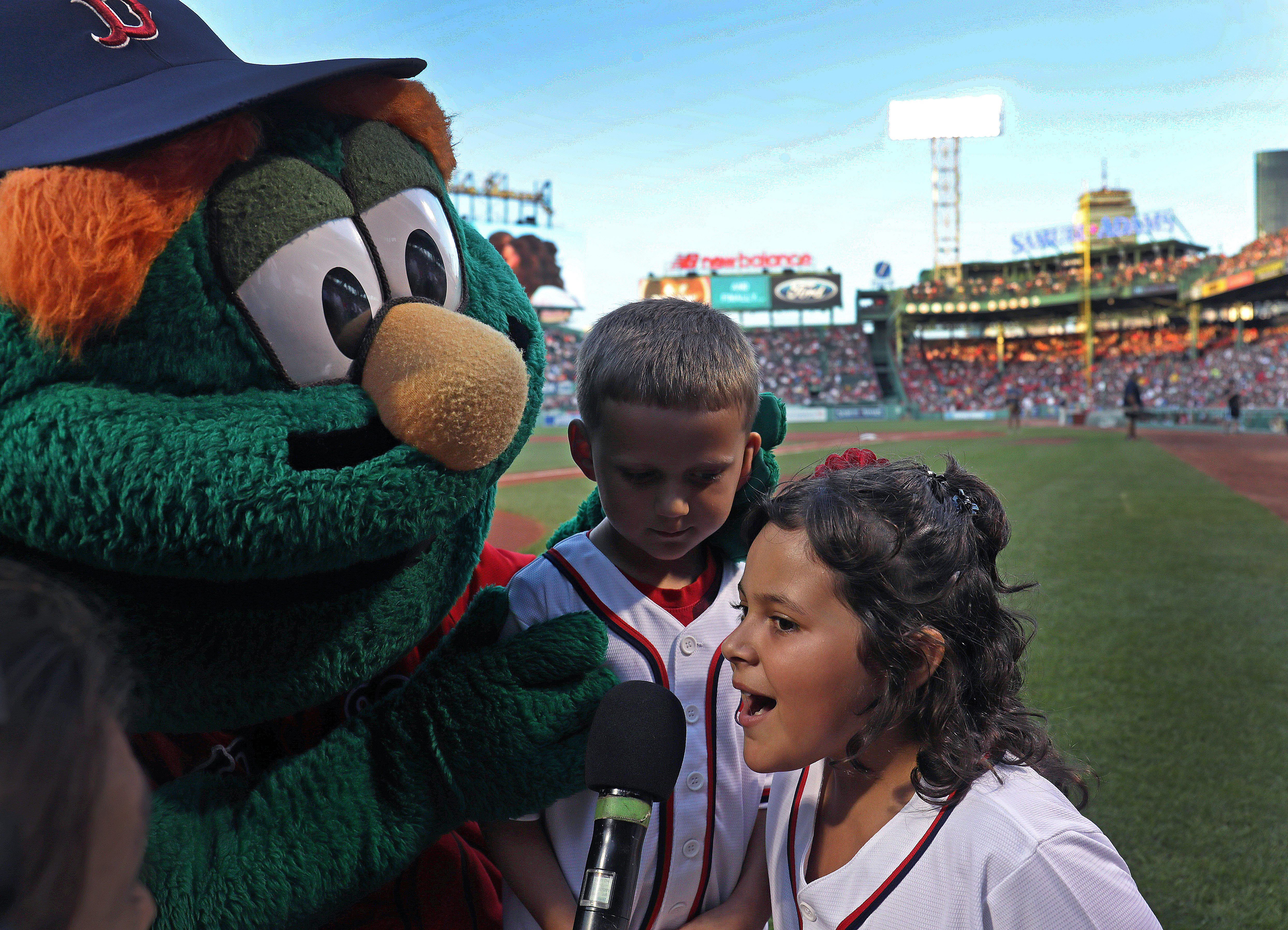 Nick Cafardo’s grandchildren Annabella and Noah Cafardo say "Play Ball" during a pregame ceremony.