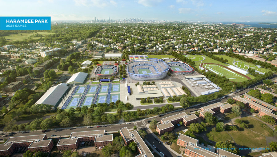 A Boston 2024 rendering shows a temporary tennis competition venue at Harambee Park.