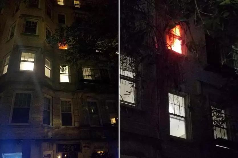 Flames shot through a window of the 722 Commonwealth Ave. building on Saturday.