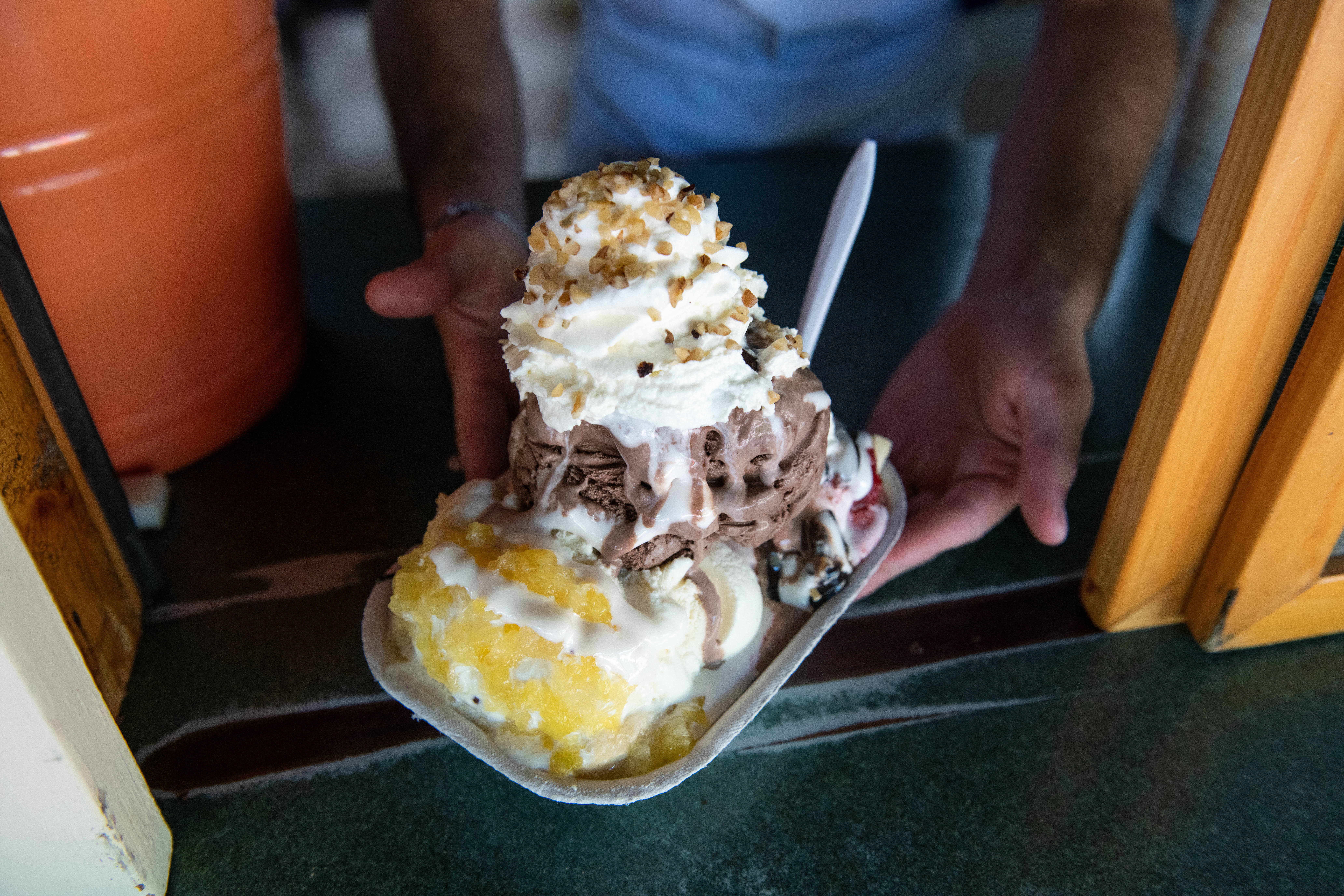 Kimball Farm's signature banana split ice cream.
